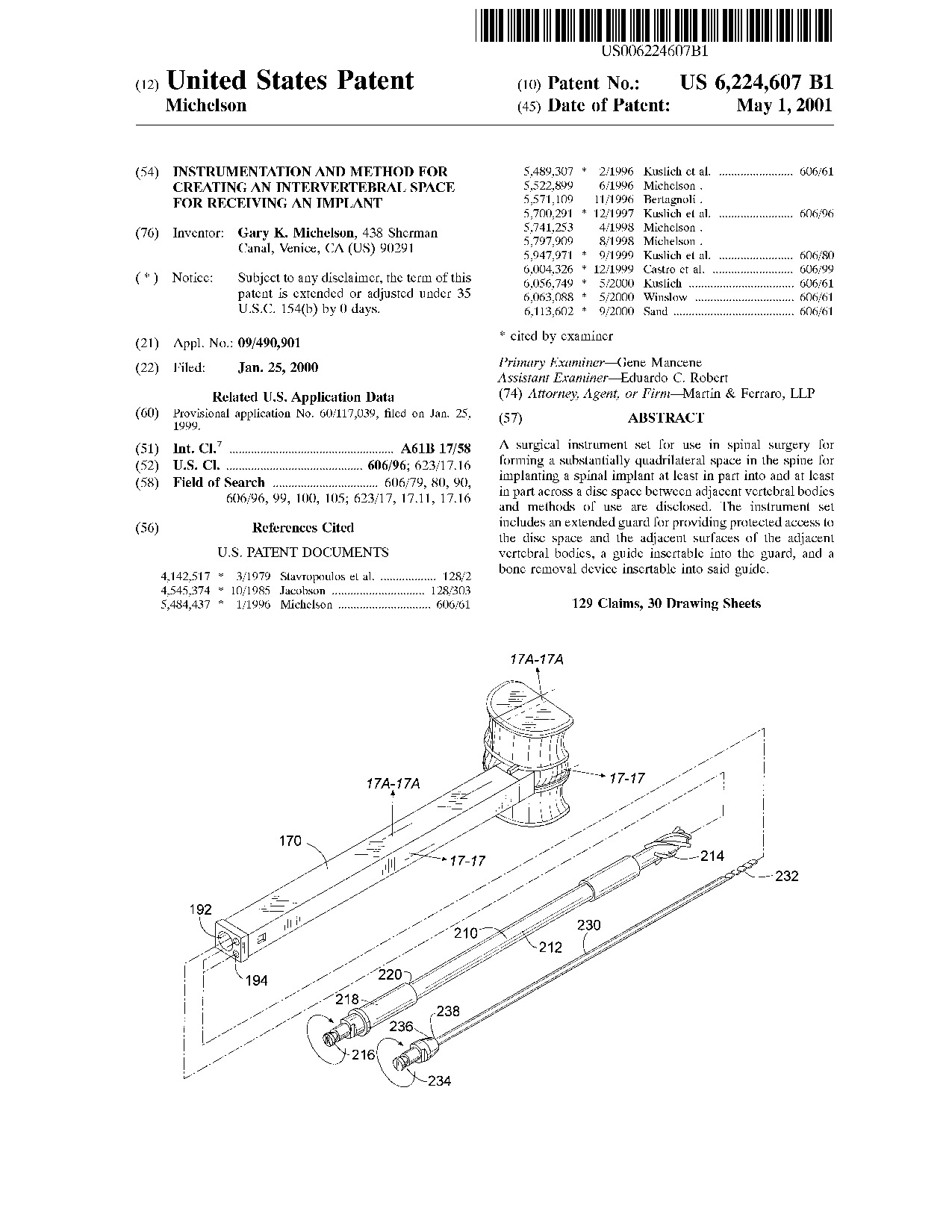 Instrumentation and method for creating an intervertebral space for     receiving an implant - Patent 6,224,607