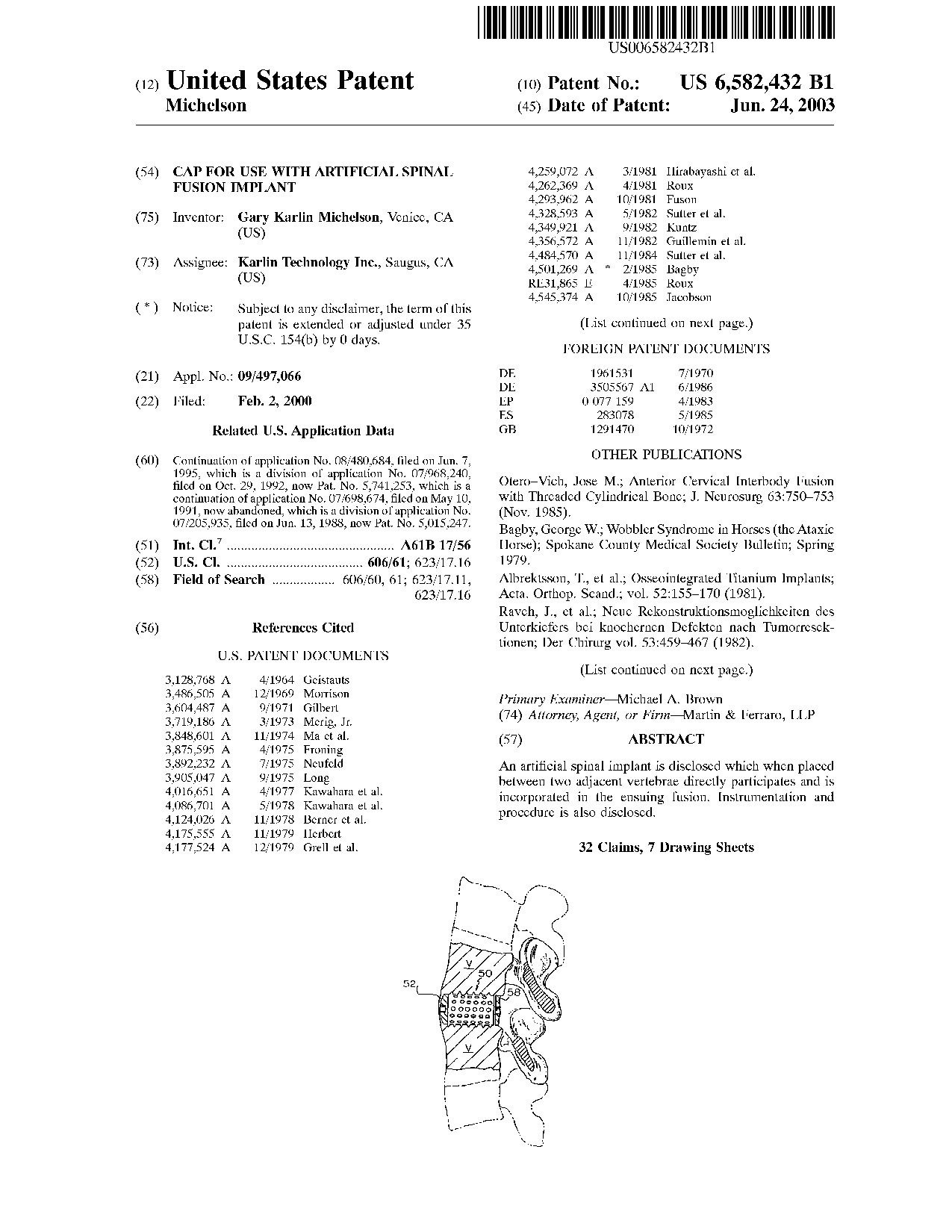 Cap for use with artificial spinal fusion implant - Patent 6,582,432