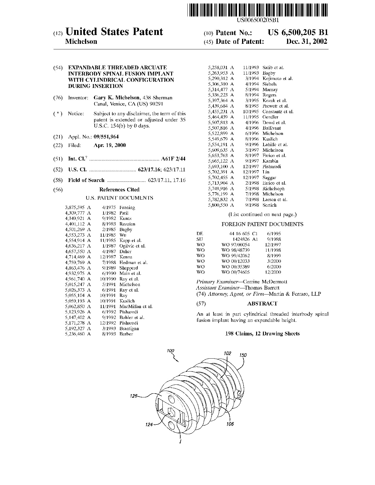 Expandable threaded arcuate interbody spinal fusion implant with     cylindrical configuration during insertion - Patent 6,500,205