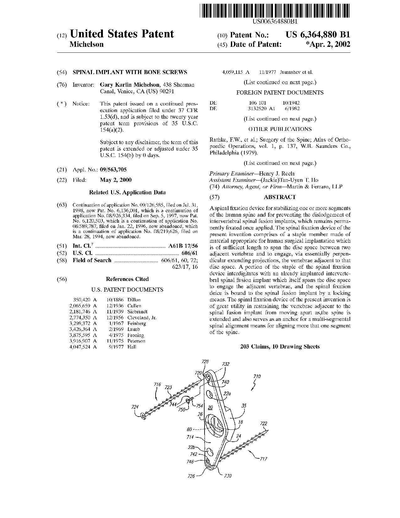 Spinal implant with bone screws - Patent 6,364,880