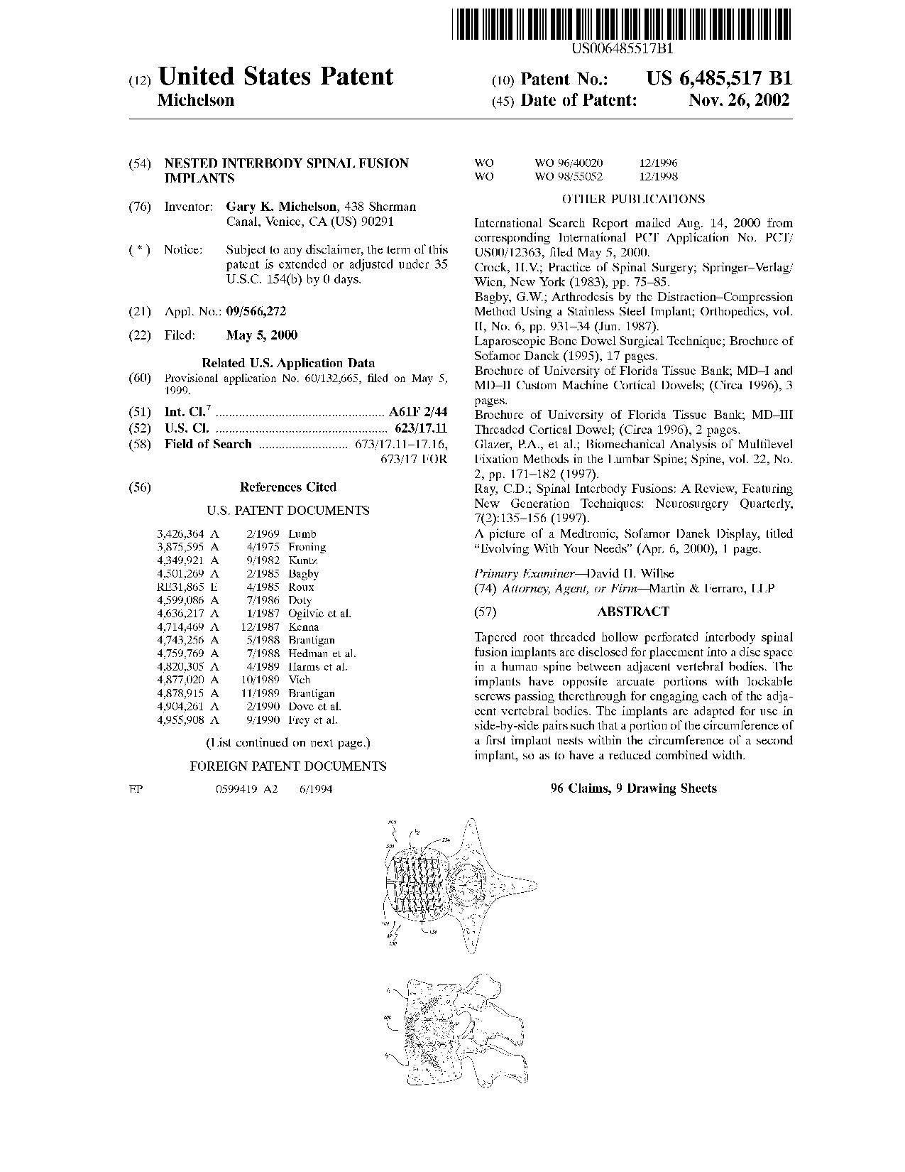 Nested interbody spinal fusion implants - Patent 6,485,517