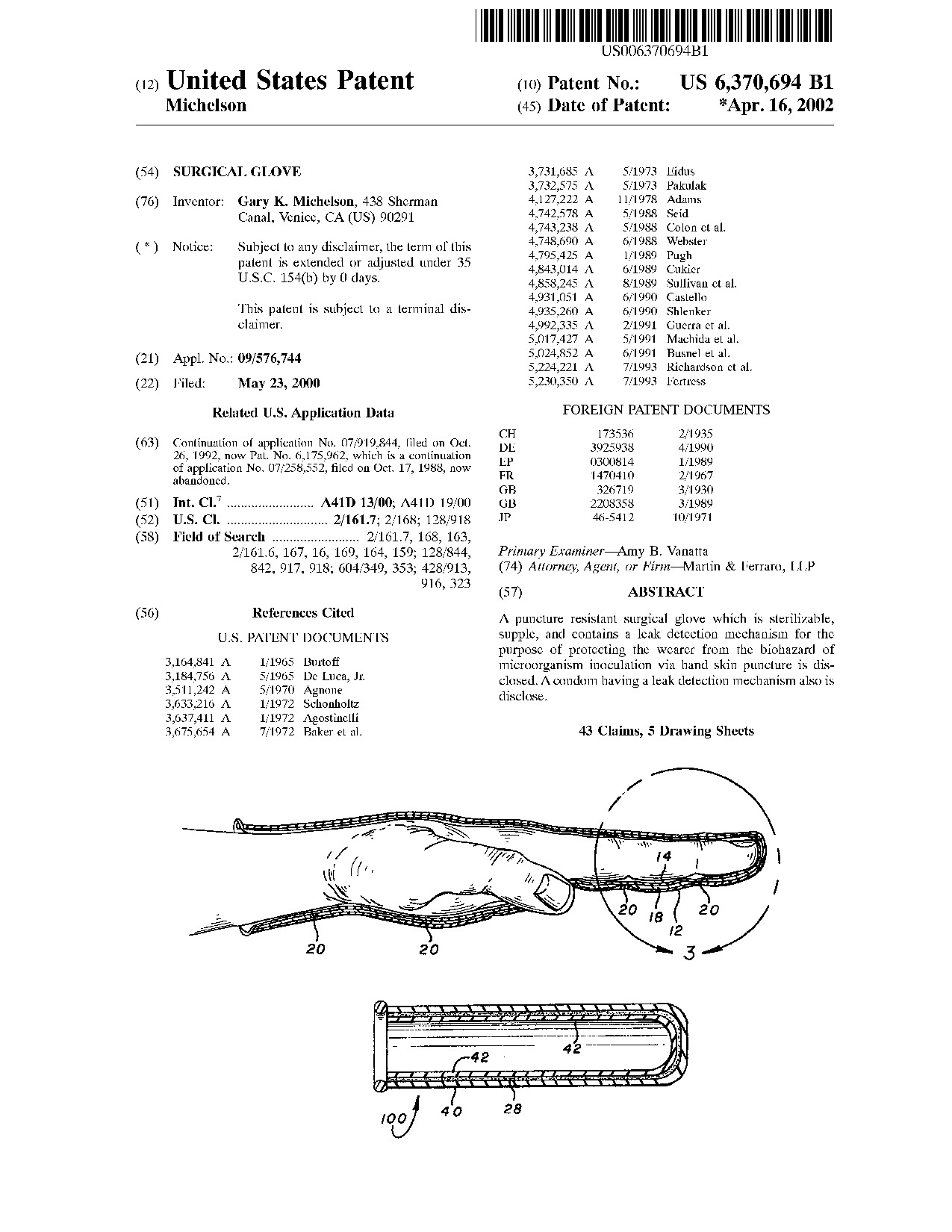 Surgical glove - Patent 6,370,694