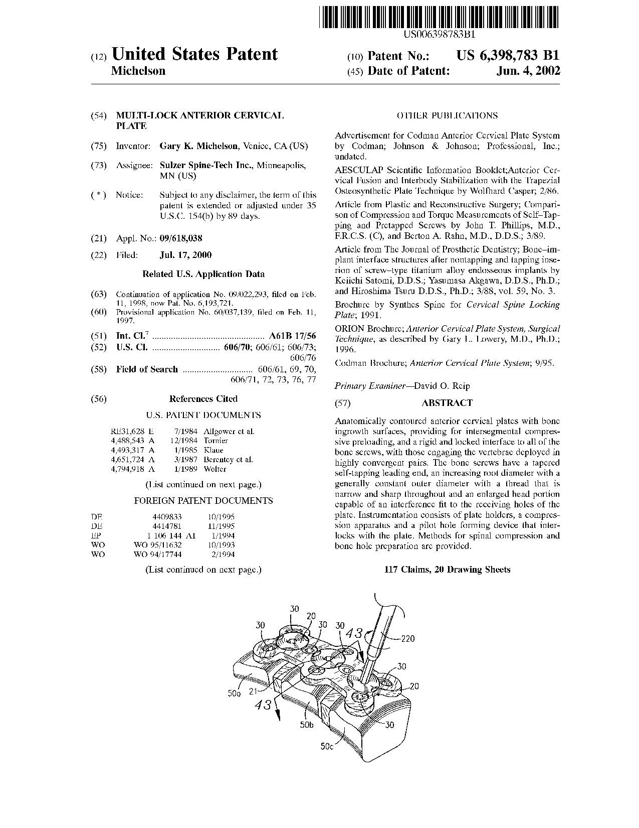 Multi-lock anterior cervical plate - Patent 6,398,783