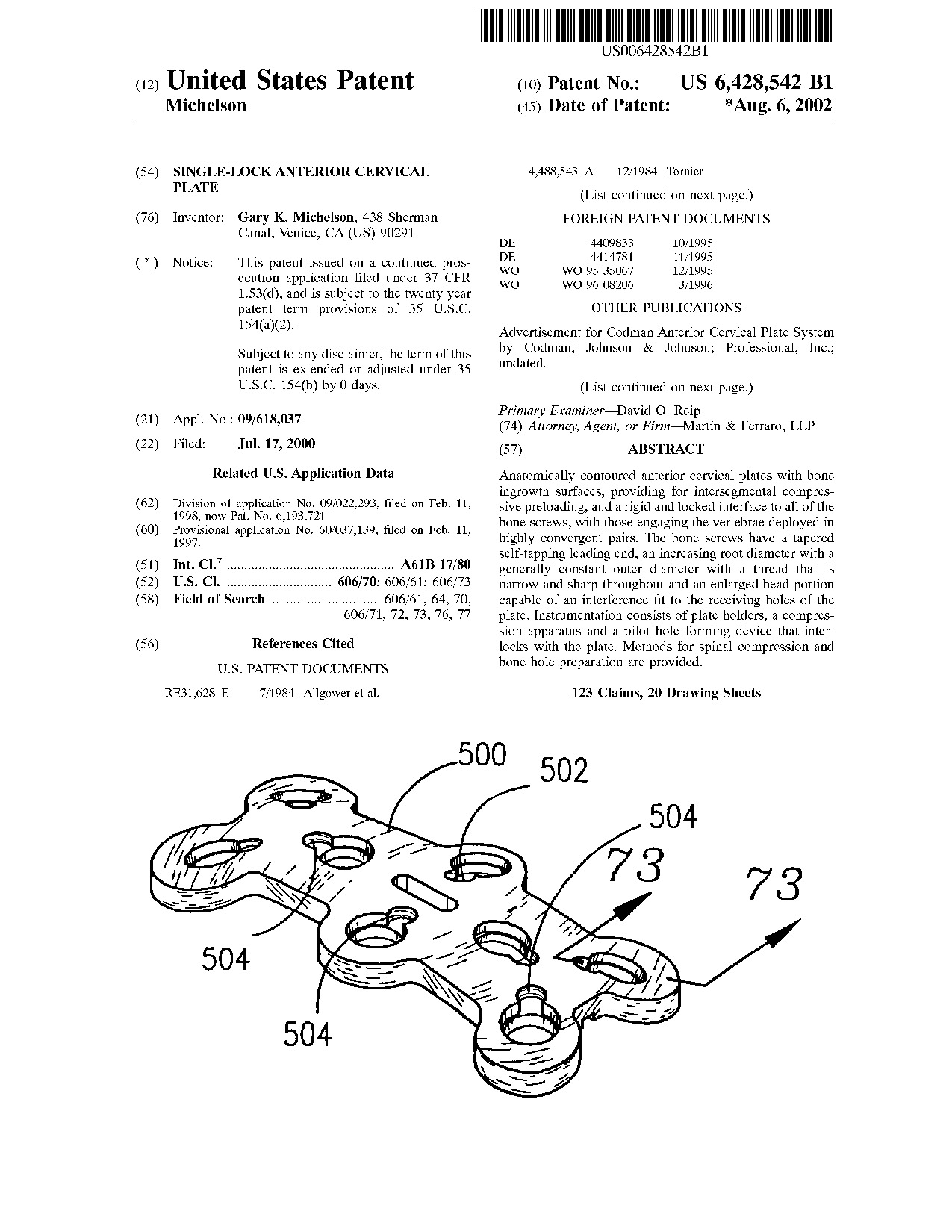 Single-lock anterior cervical plate - Patent 6,428,542
