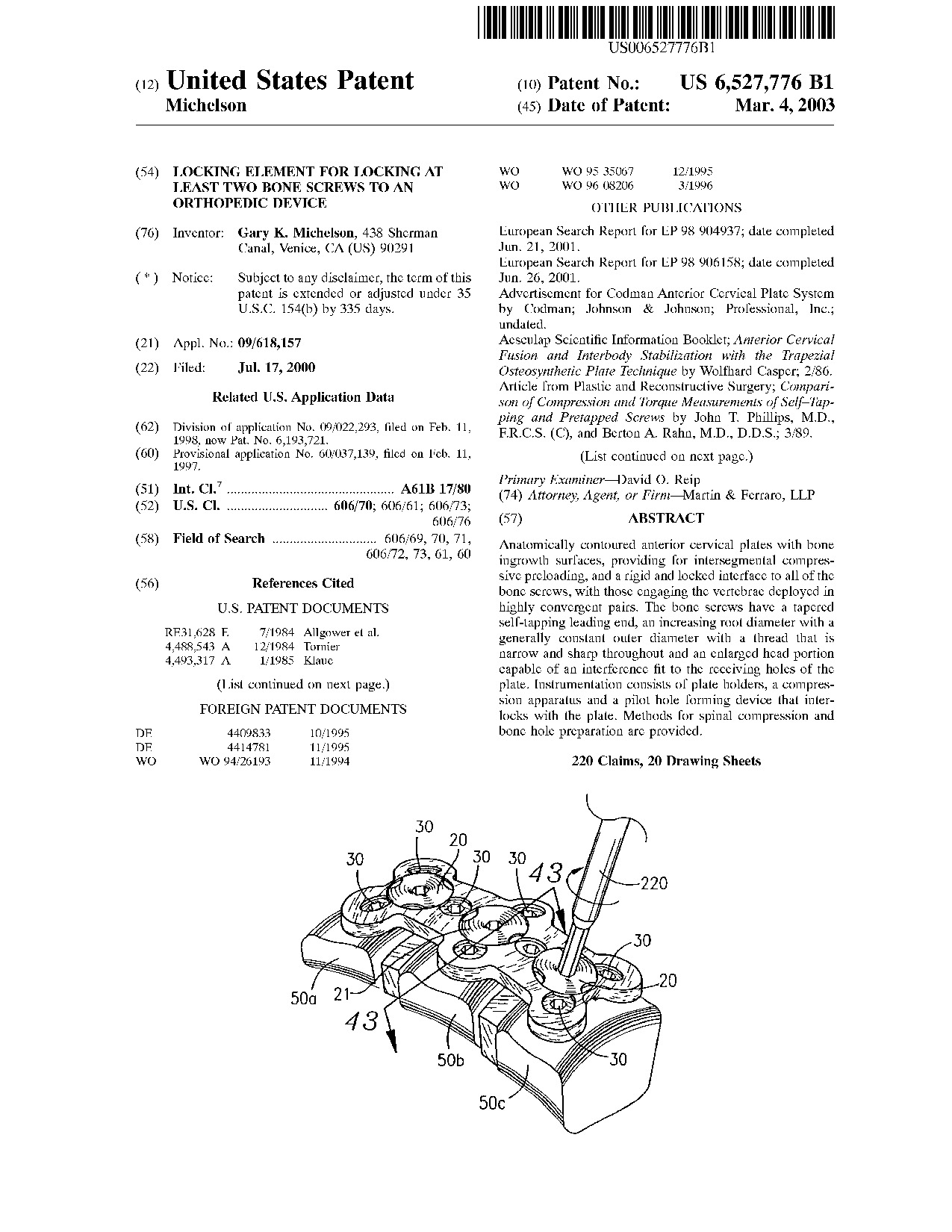 Locking element for locking at least two bone screws to an orthopedic     device - Patent 6,527,776