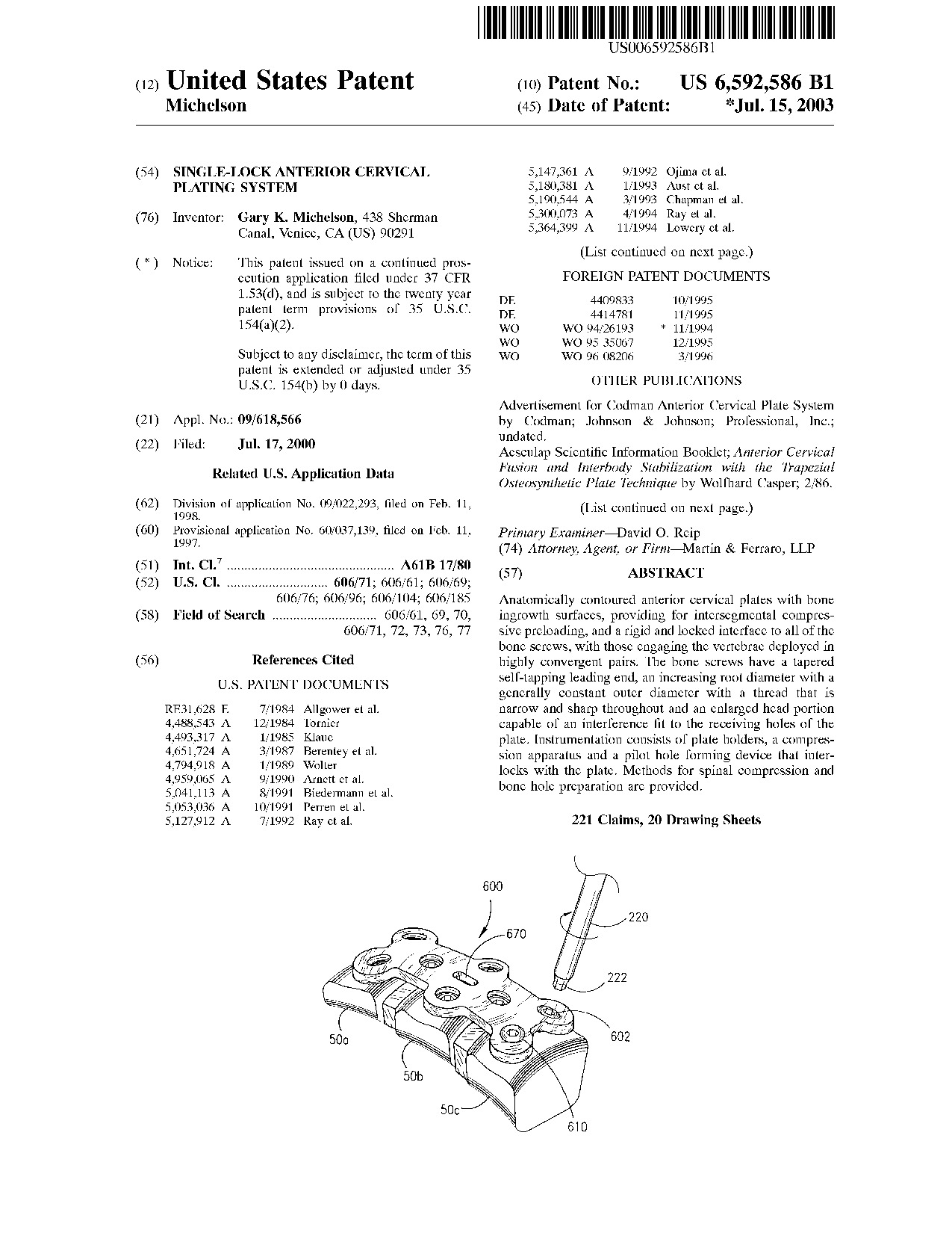 Single-lock anterior cervical plating system - Patent 6,592,586