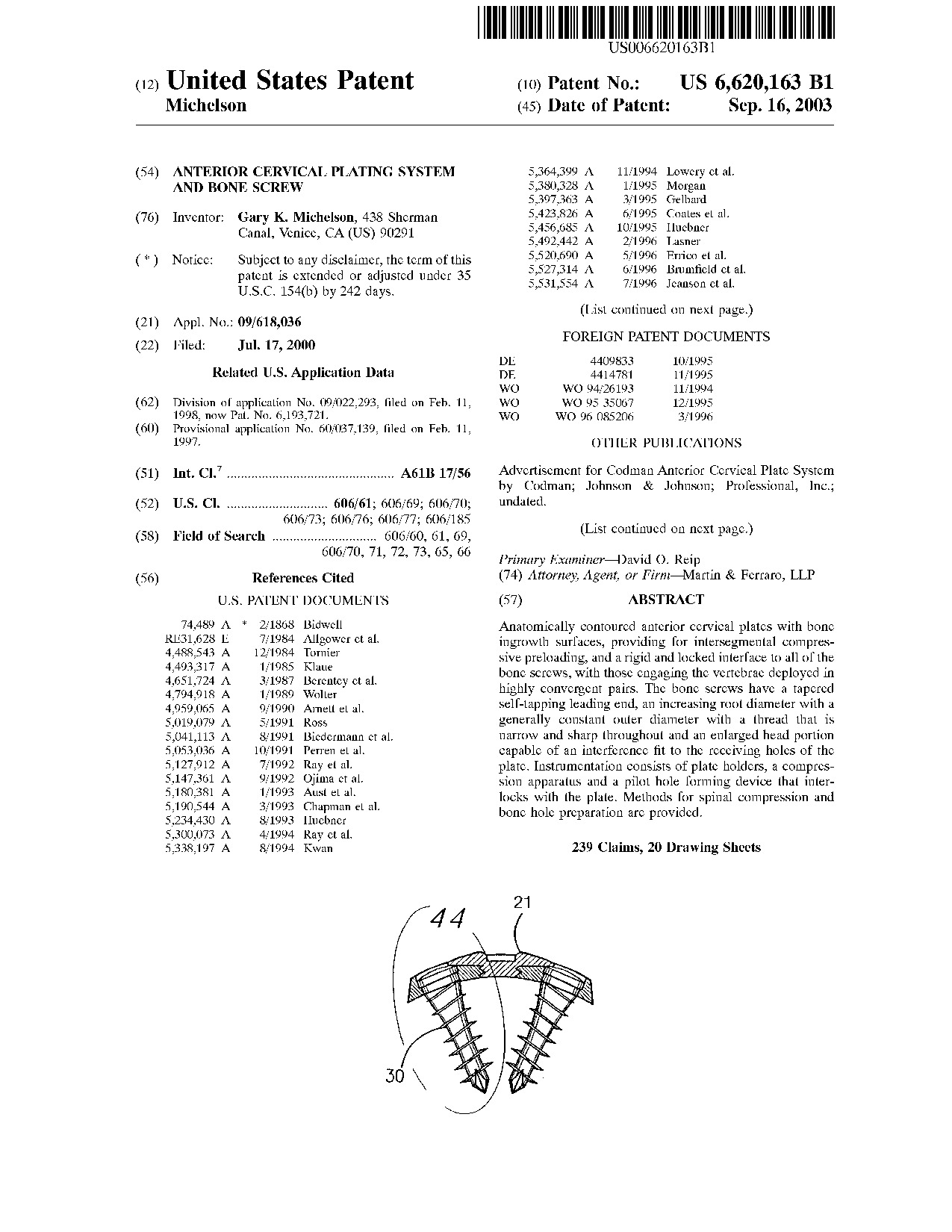 Anterior cervical plating system and bone screw - Patent 6,620,163