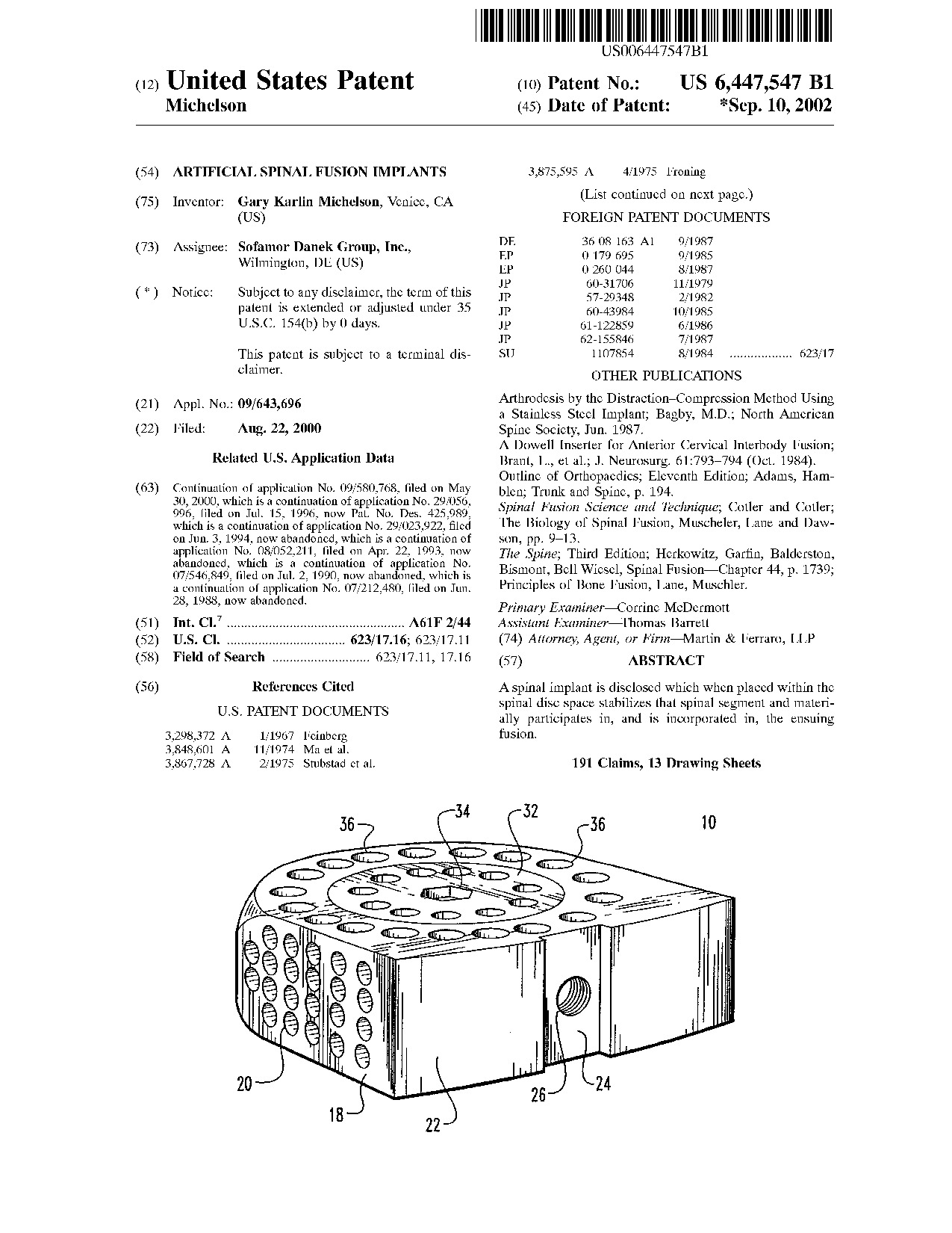 Artificial spinal fusion implants - Patent 6,447,547