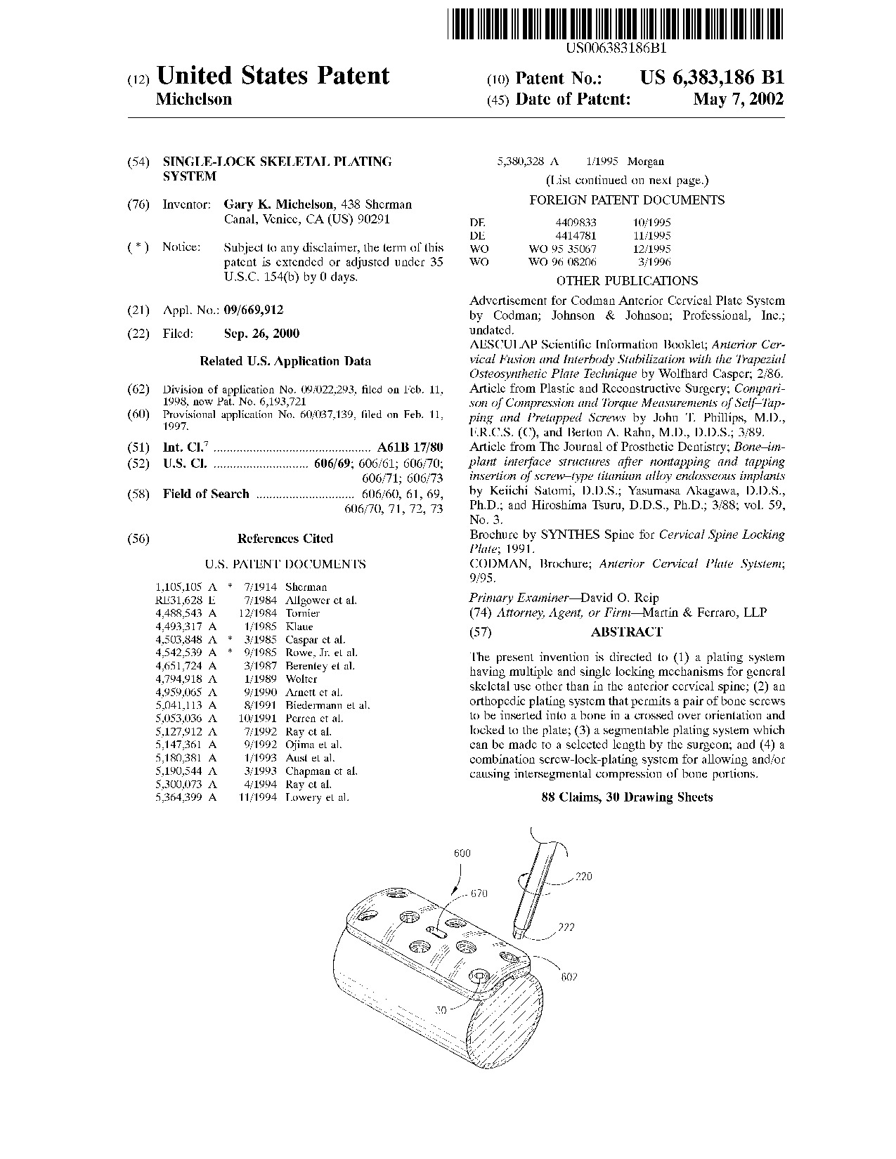 Single-lock skeletal plating system - Patent 6,383,186