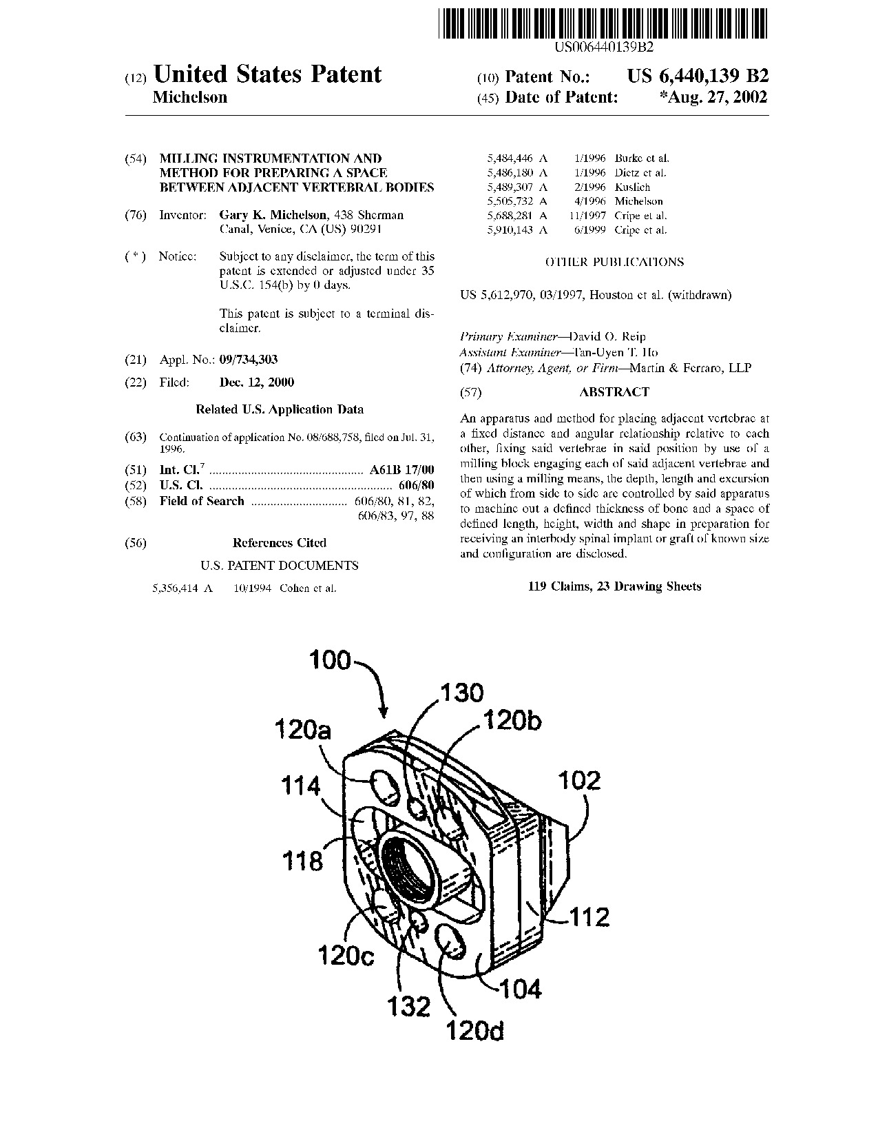 Milling instrumentation and method for preparing a space between adjacent     vertebral bodies - Patent 6,440,139