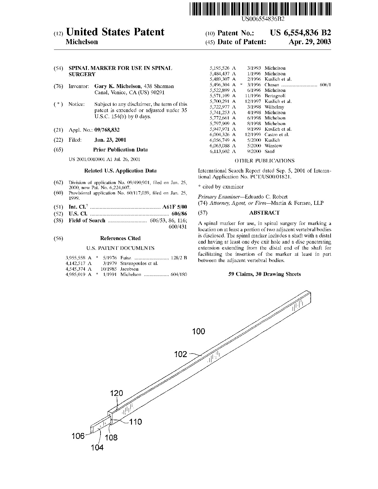 Spinal marker for use in spinal surgery - Patent 6,554,836