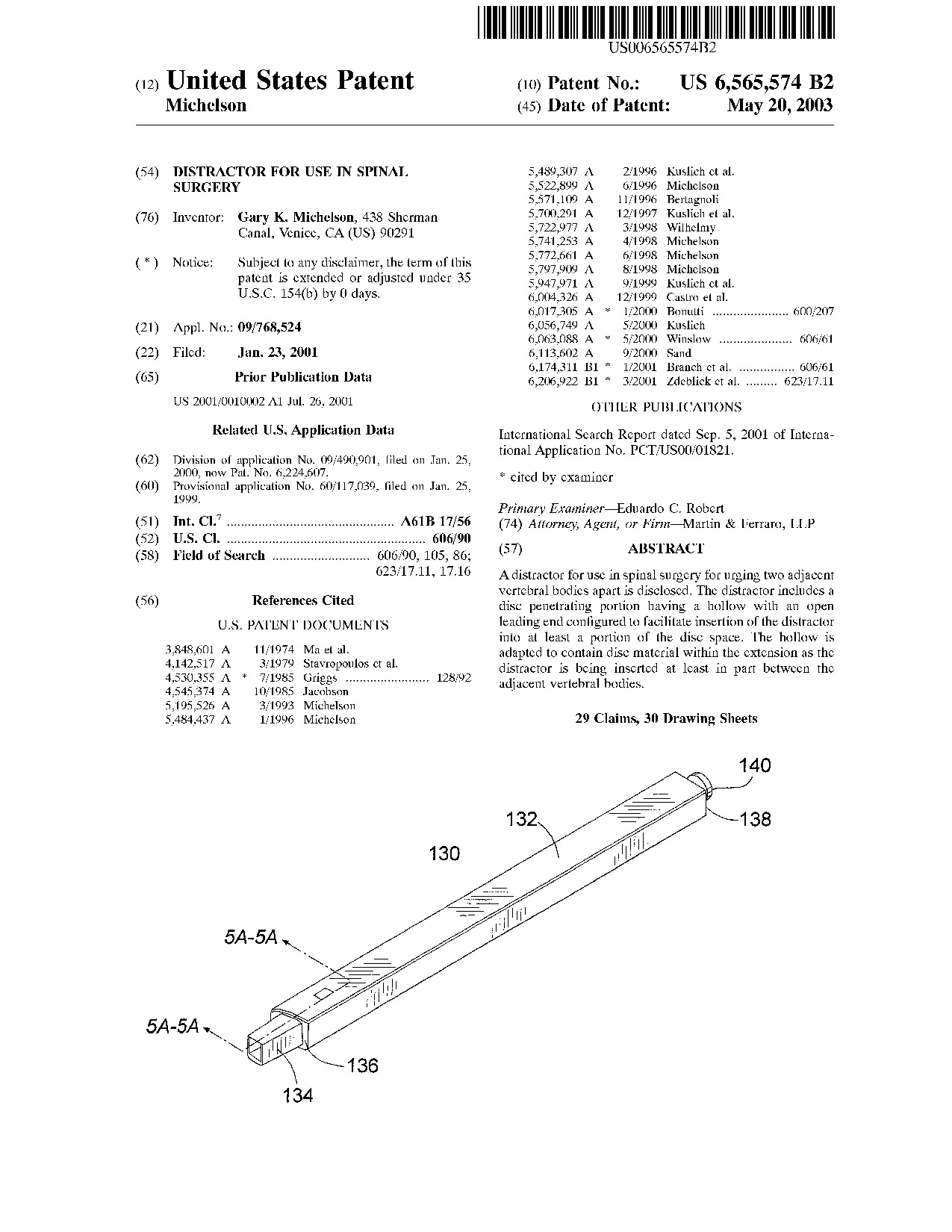 Distractor for use in spinal surgery - Patent 6,565,574