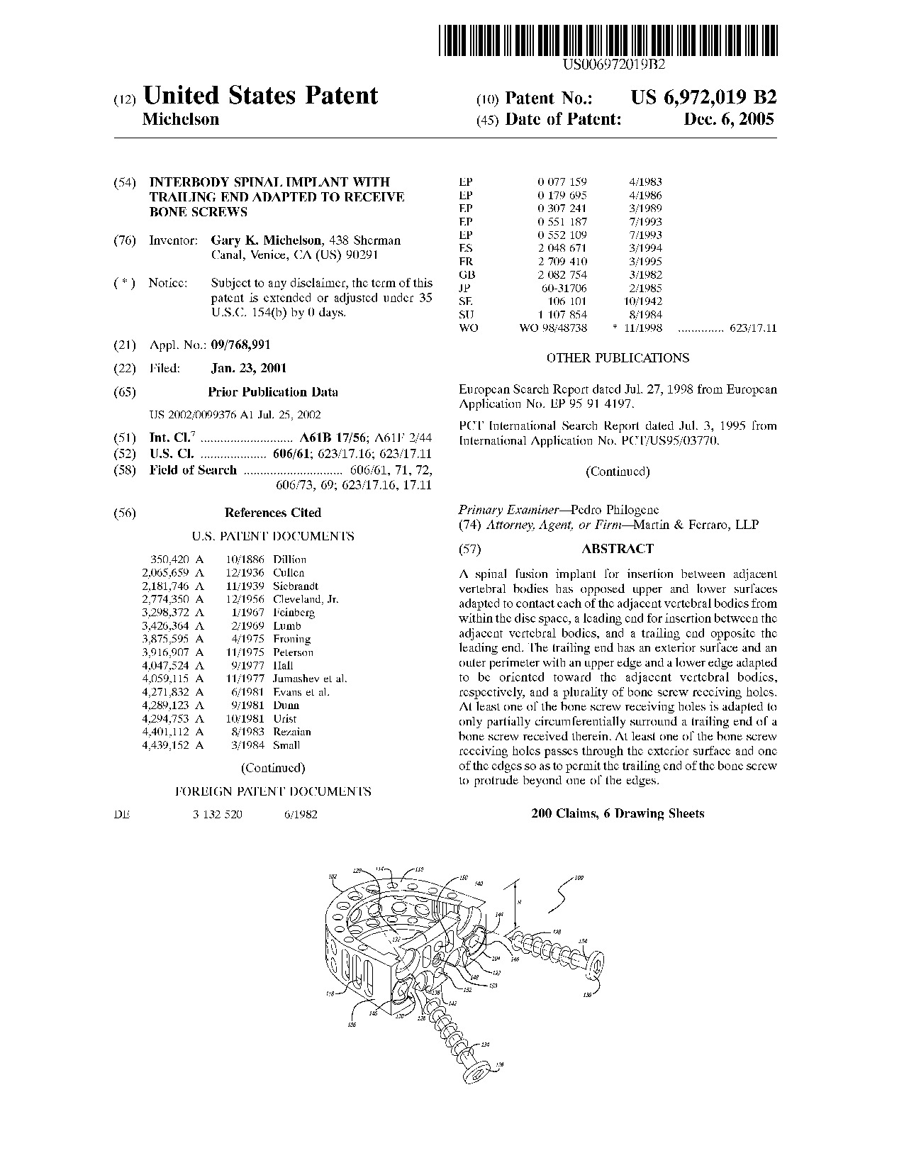Interbody spinal implant with trailing end adapted to receive bone screws - Patent 6,972,019