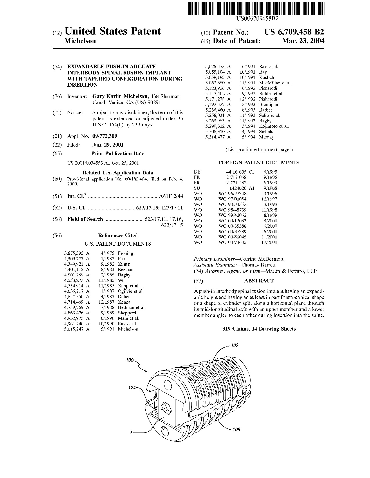 Expandable push-in arcuate interbody spinal fusion implant with tapered     configuration during insertion - Patent 6,709,458