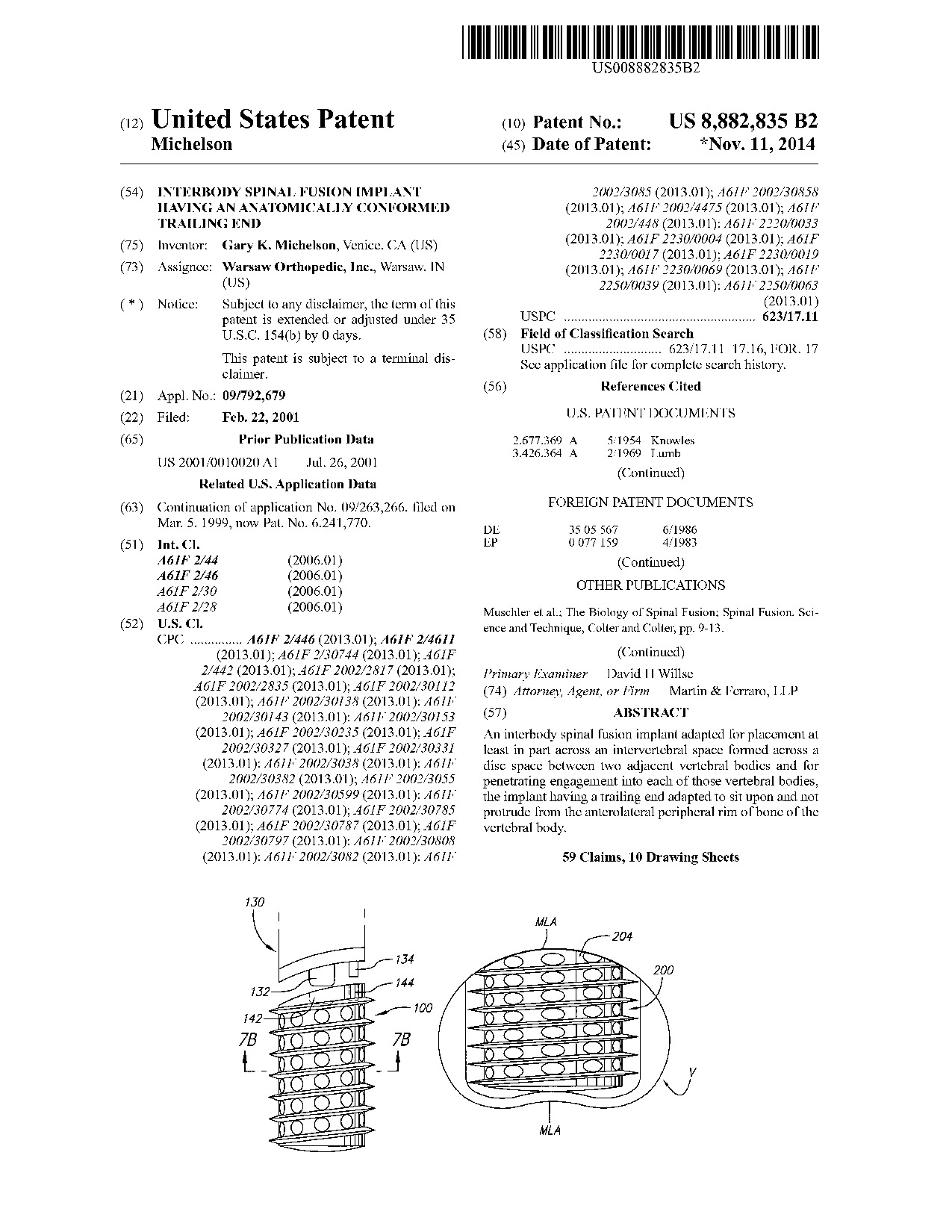 Interbody spinal fusion implant having an anatomically conformed trailing     end - Patent 8,882,835