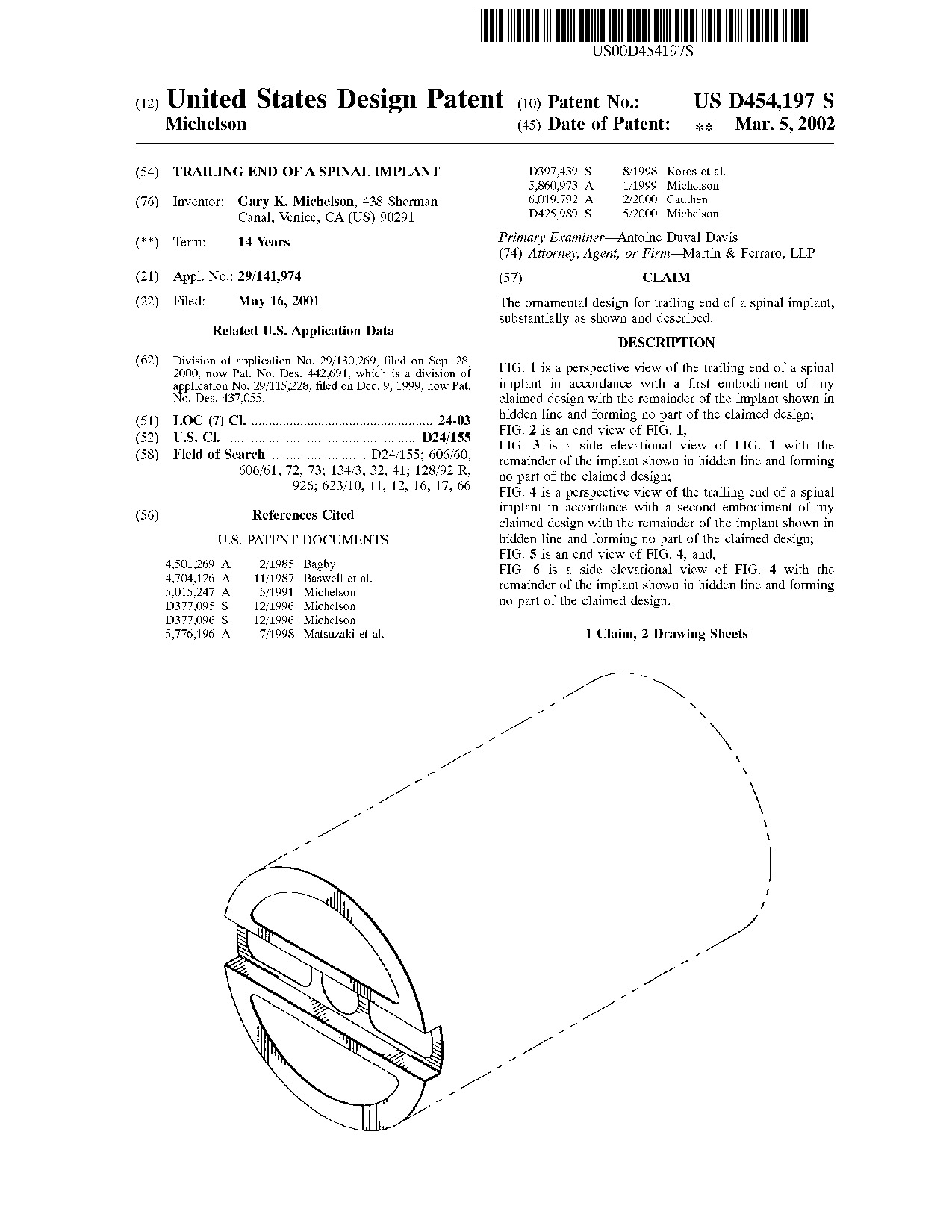 Trailing end of a spinal implant - Patent D454,197