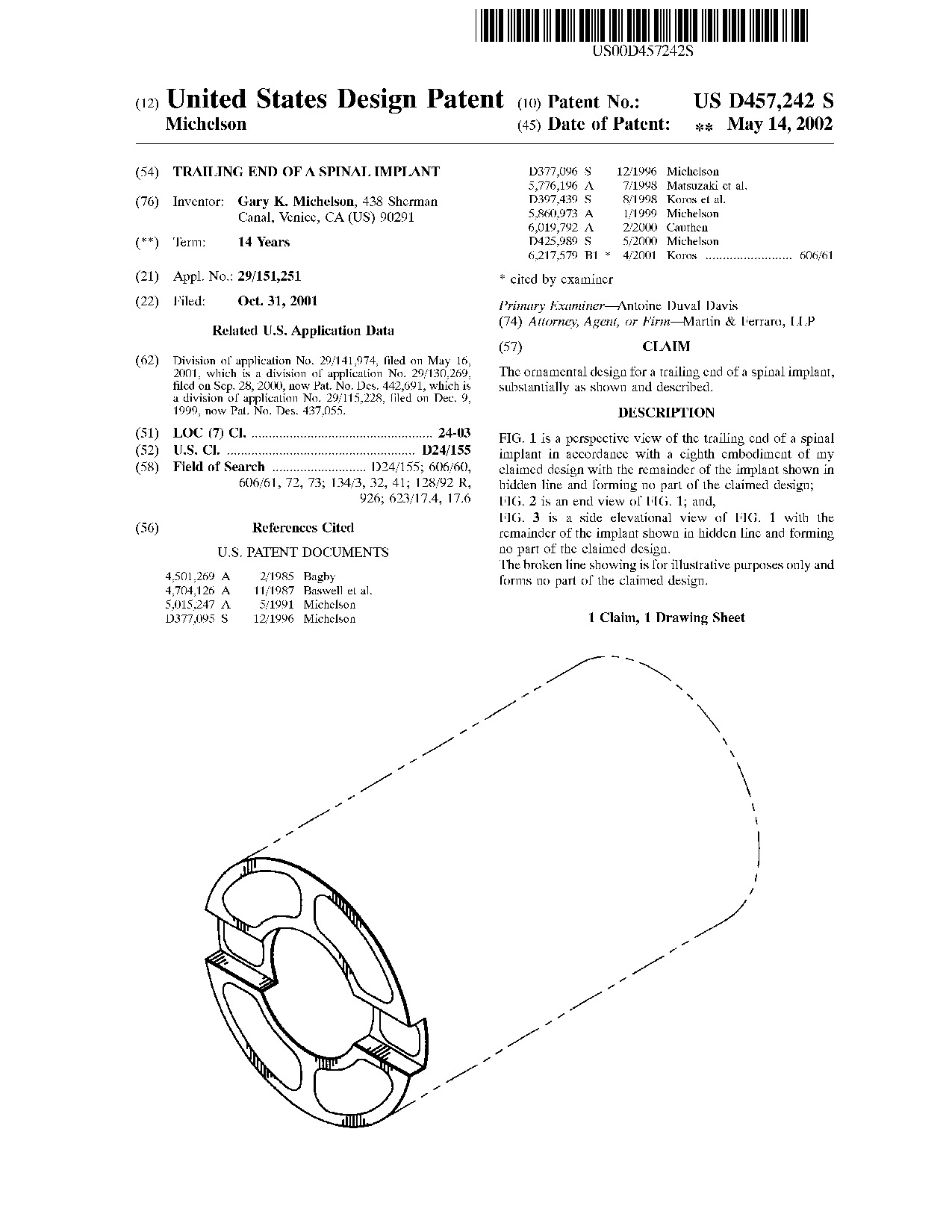 Trailing end of a spinal implant - Patent D457,242