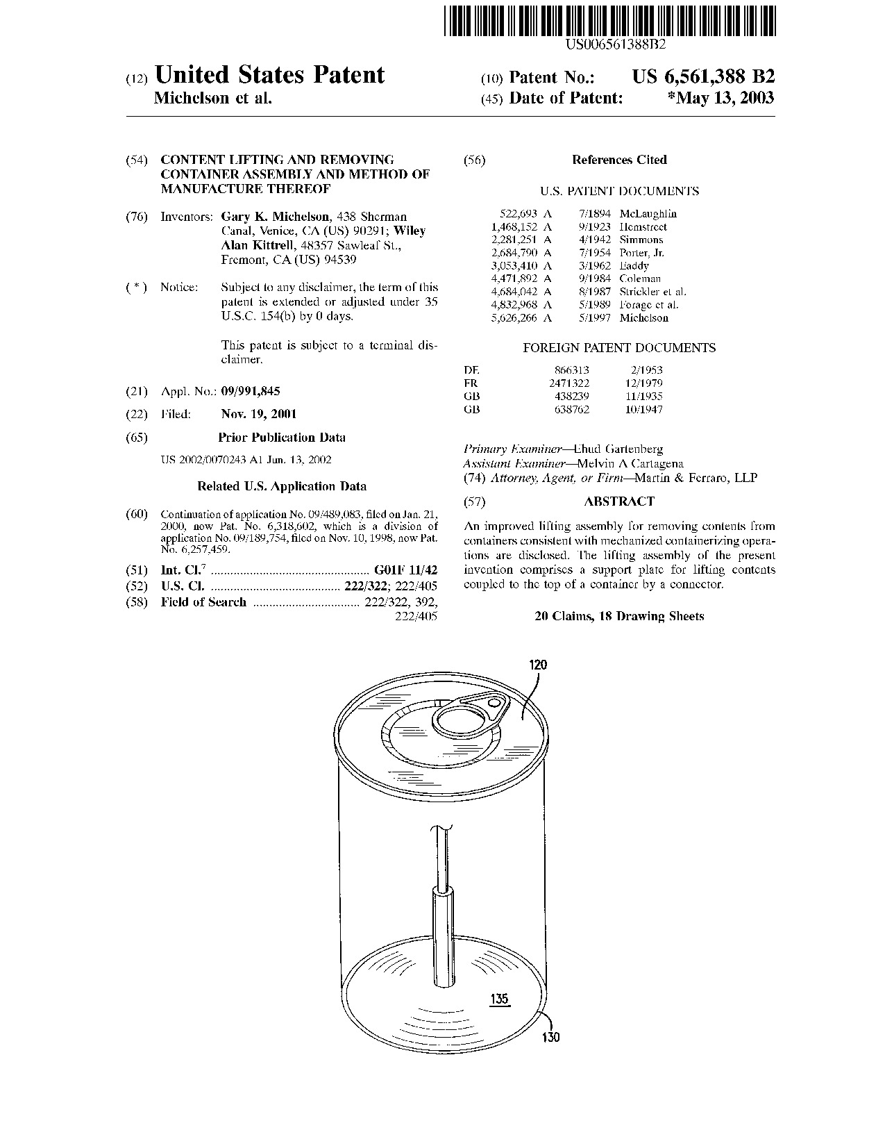 Content lifting and removing container assembly and method of manufacture     thereof - Patent 6,561,388