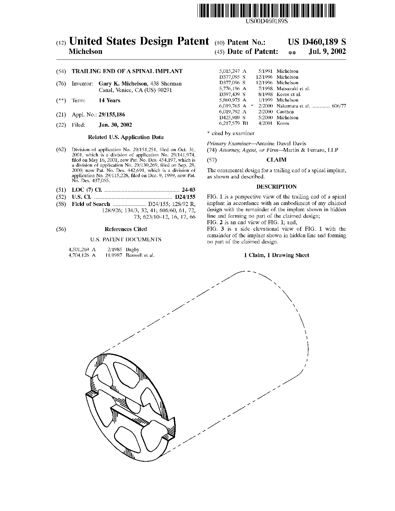 Trailing end of a spinal implant - Patent D460,189