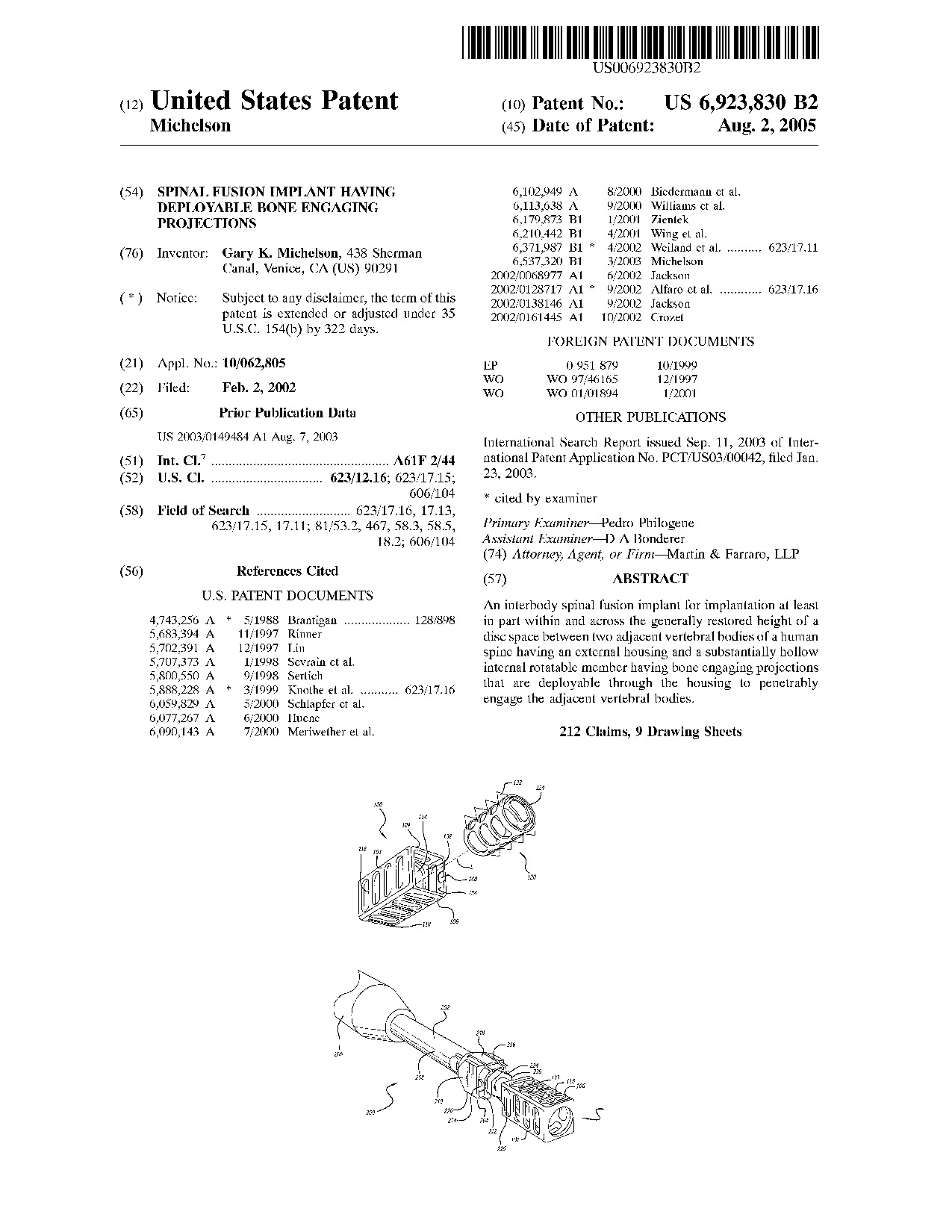 Spinal fusion implant having deployable bone engaging projections - Patent 6,923,830