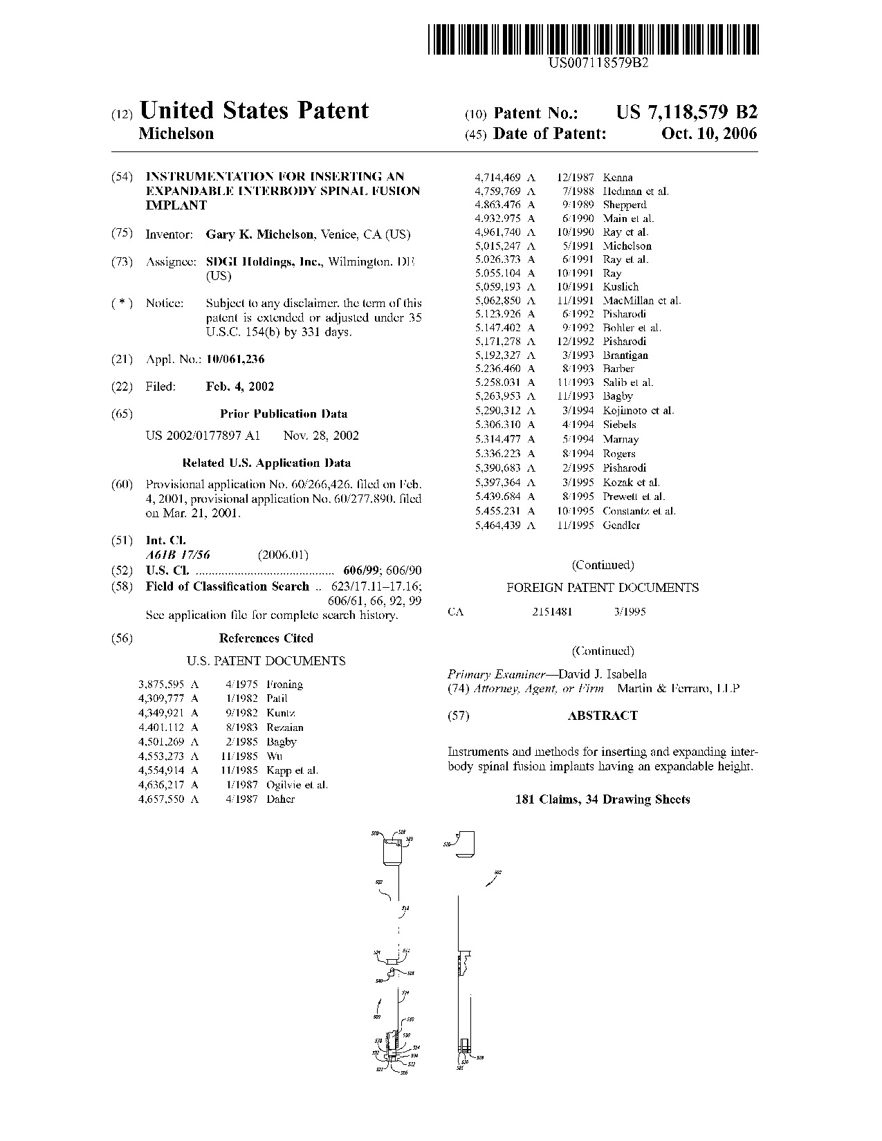 Instrumentation for inserting an expandable interbody spinal fusion     implant - Patent 7,118,579