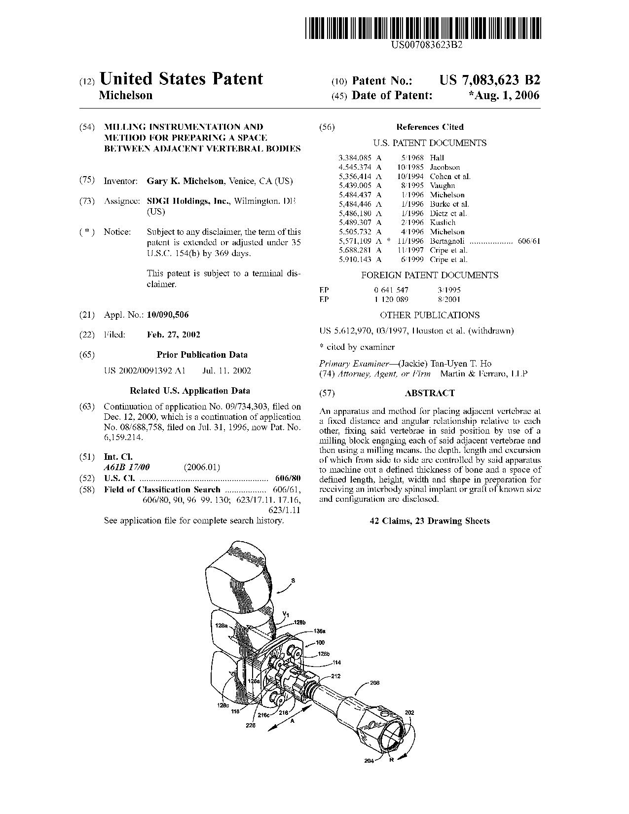 Milling instrumentation and method for preparing a space between adjacent     vertebral bodies - Patent 7,083,623
