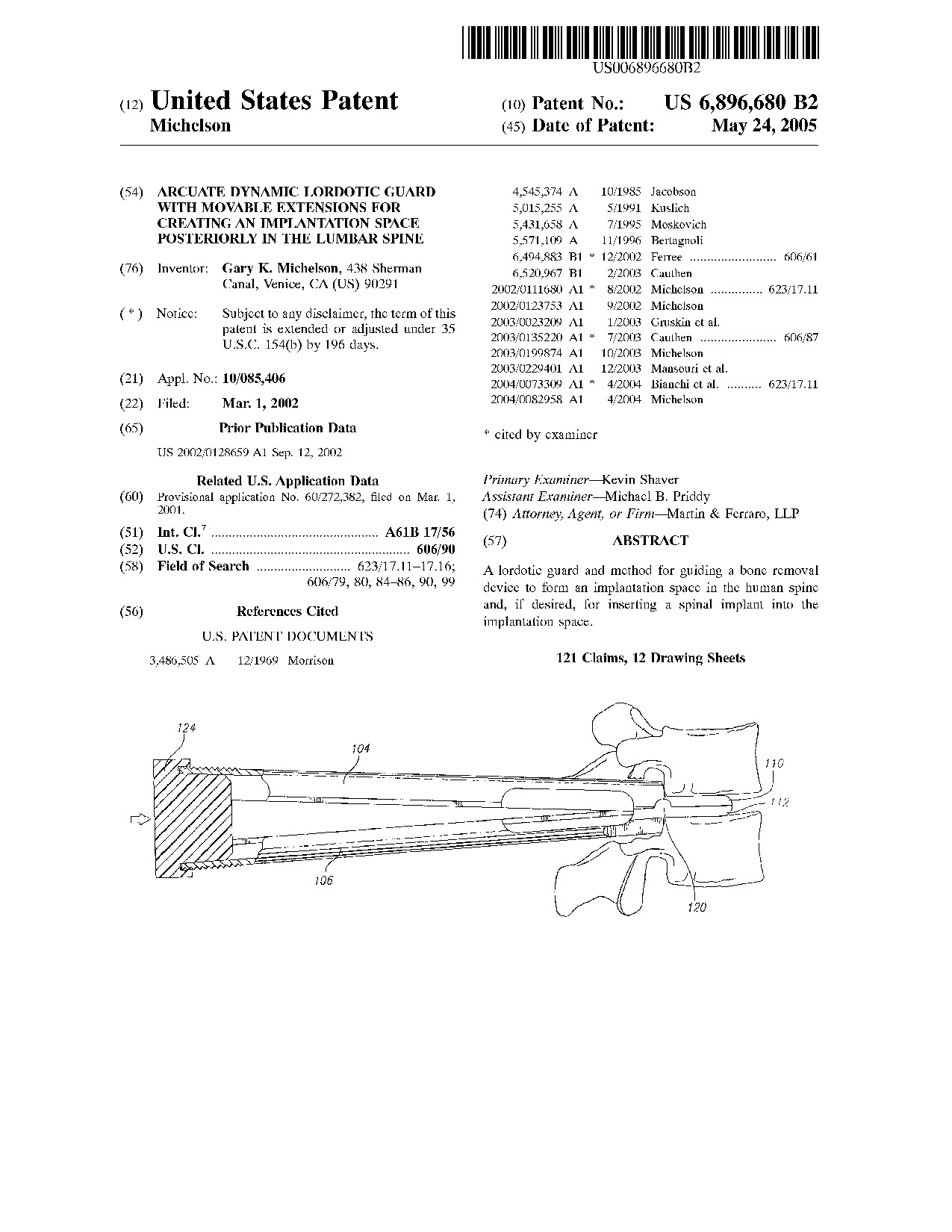 Arcuate dynamic lordotic guard with movable extensions for creating an     implantation space posteriorly in the lumbar spine - Patent 6,896,680