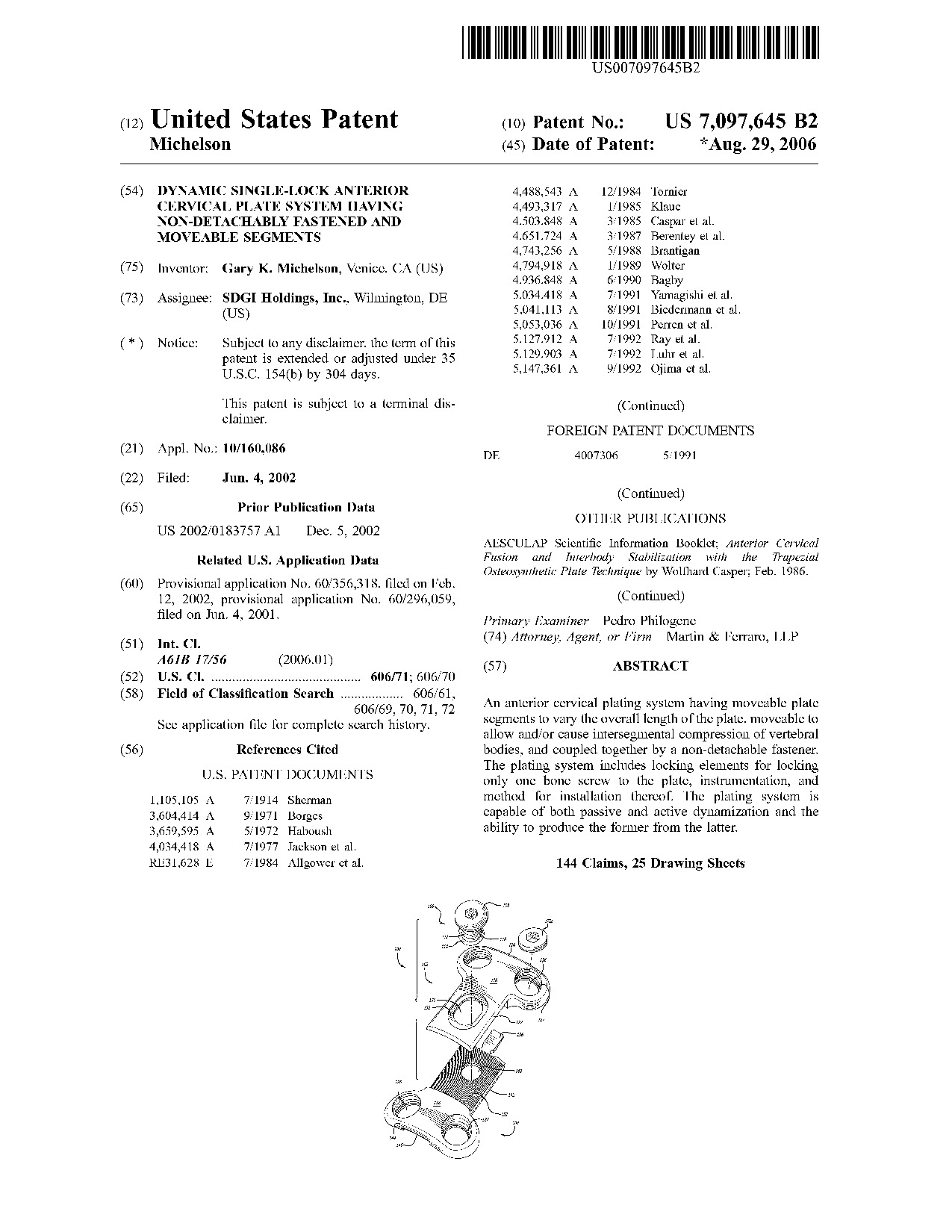 Dynamic single-lock anterior cervical plate system having non-detachably     fastened and moveable segments - Patent 7,097,645