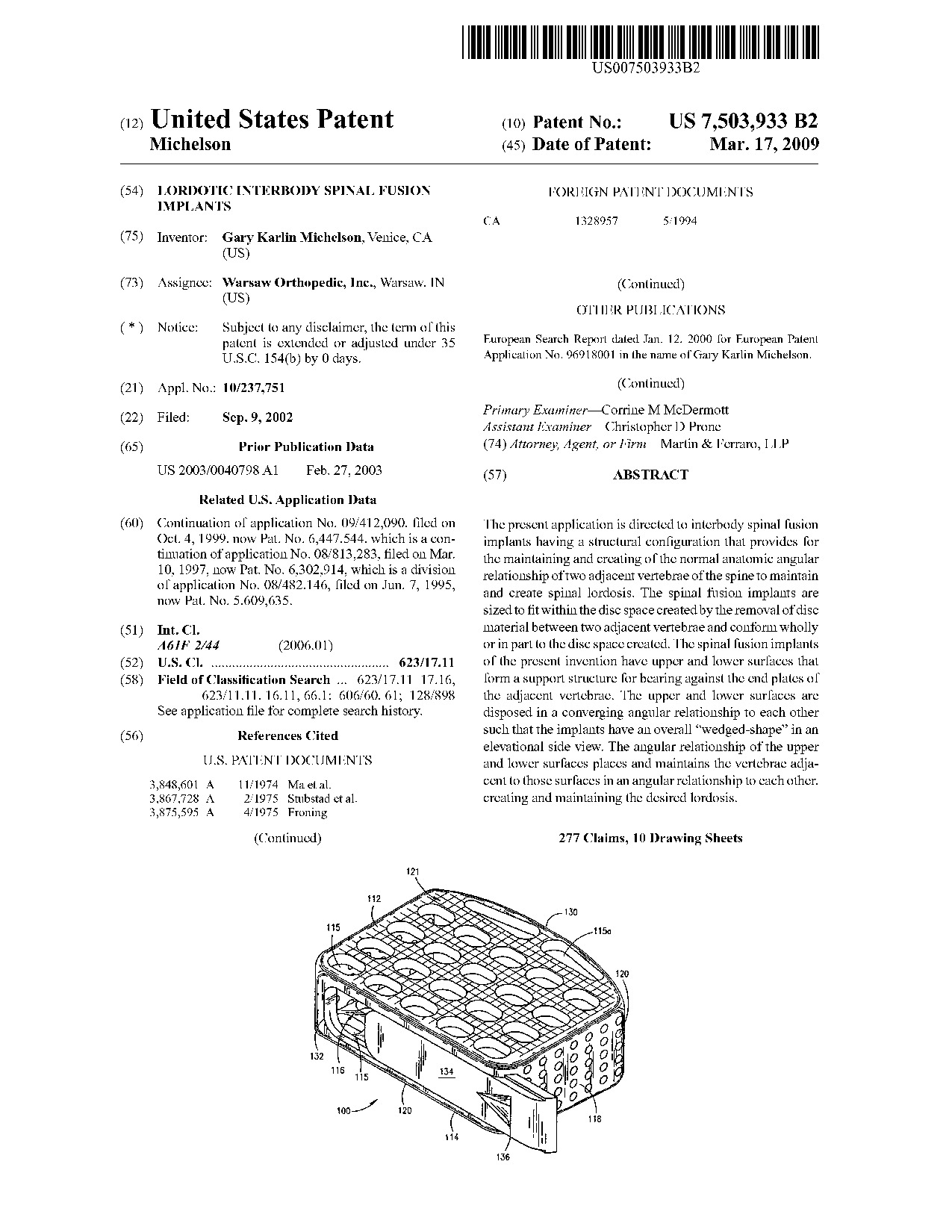 Lordotic interbody spinal fusion implants - Patent 7,503,933