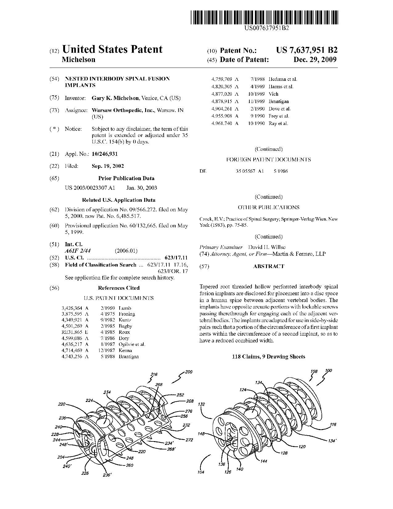 Nested interbody spinal fusion implants - Patent 7,637,951