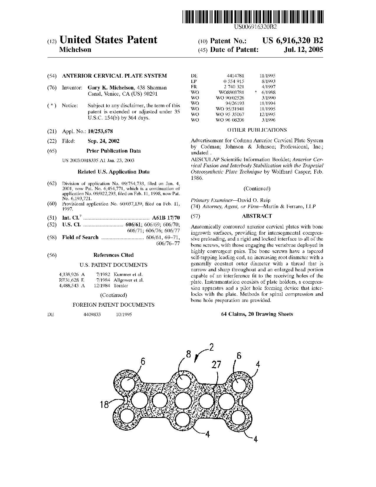 Anterior cervical plate system - Patent 6,916,320