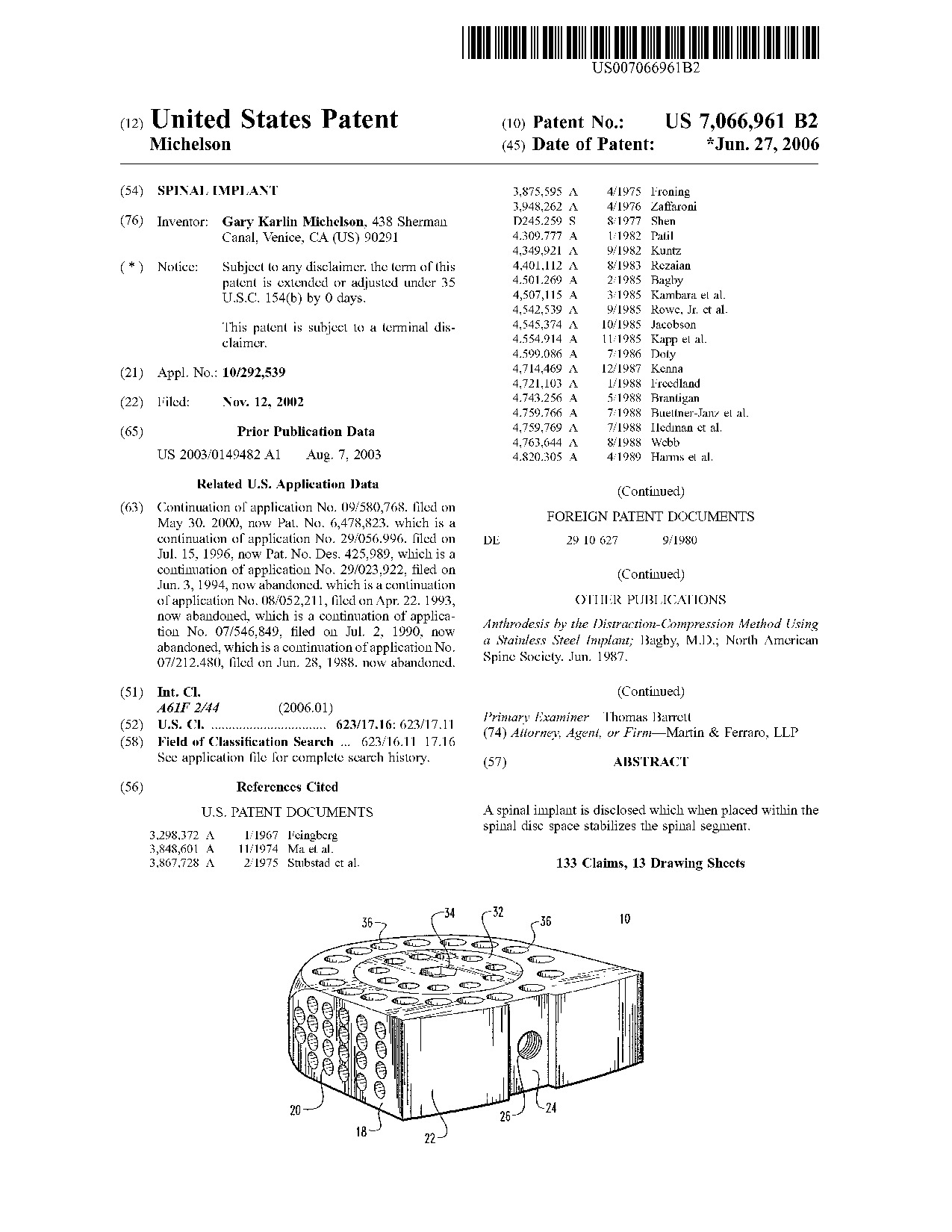 Spinal implant - Patent 7,066,961