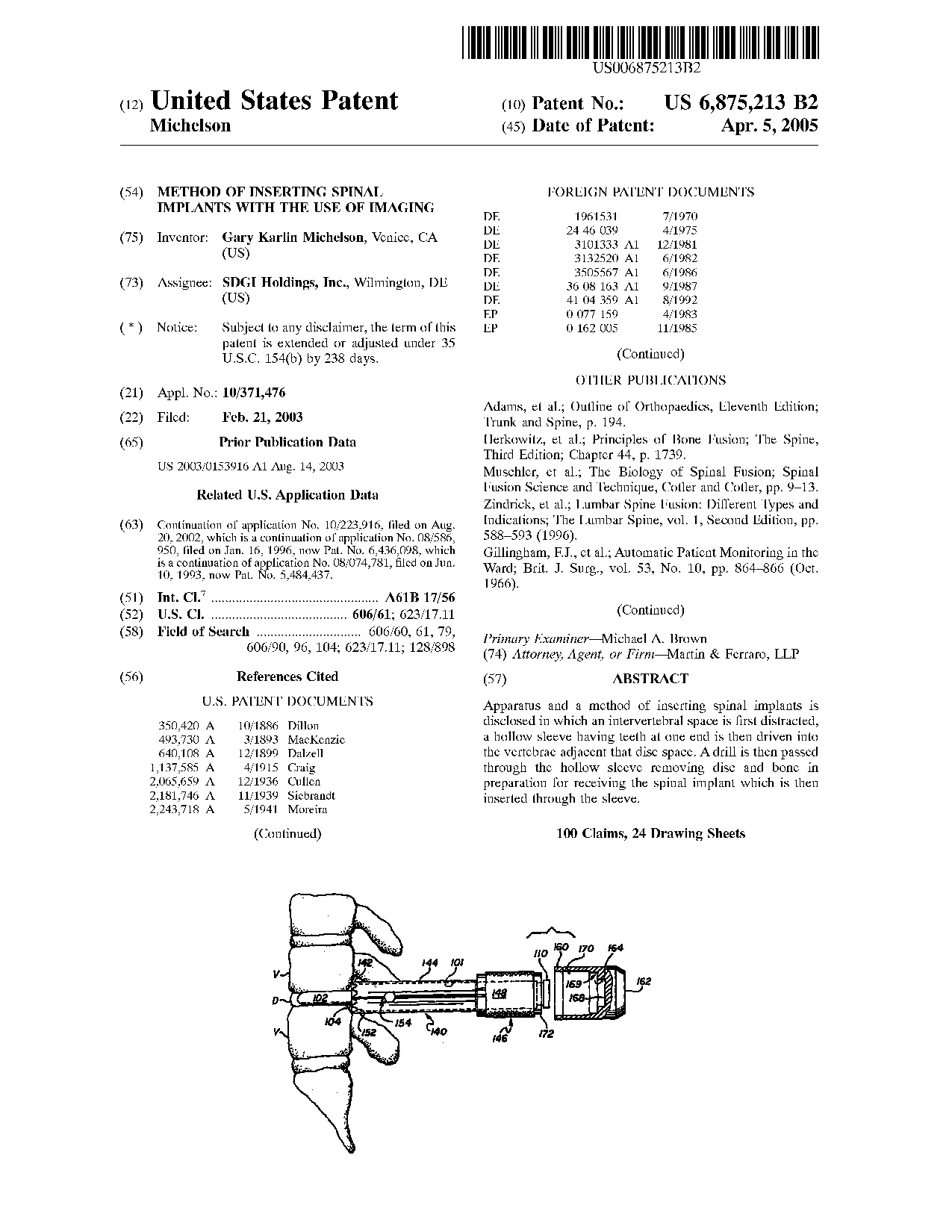 Method of inserting spinal implants with the use of imaging - Patent 6,875,213