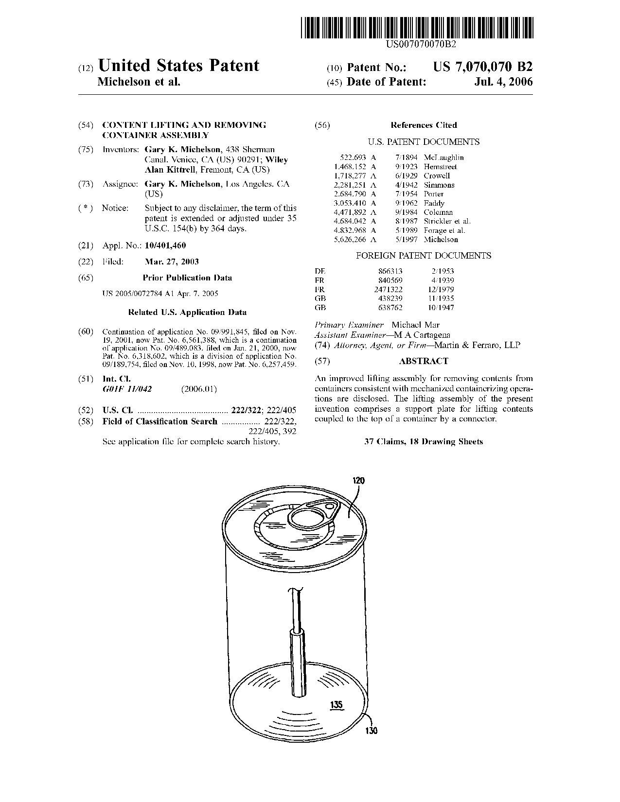 Content lifting and removing container assembly - Patent 7,070,070