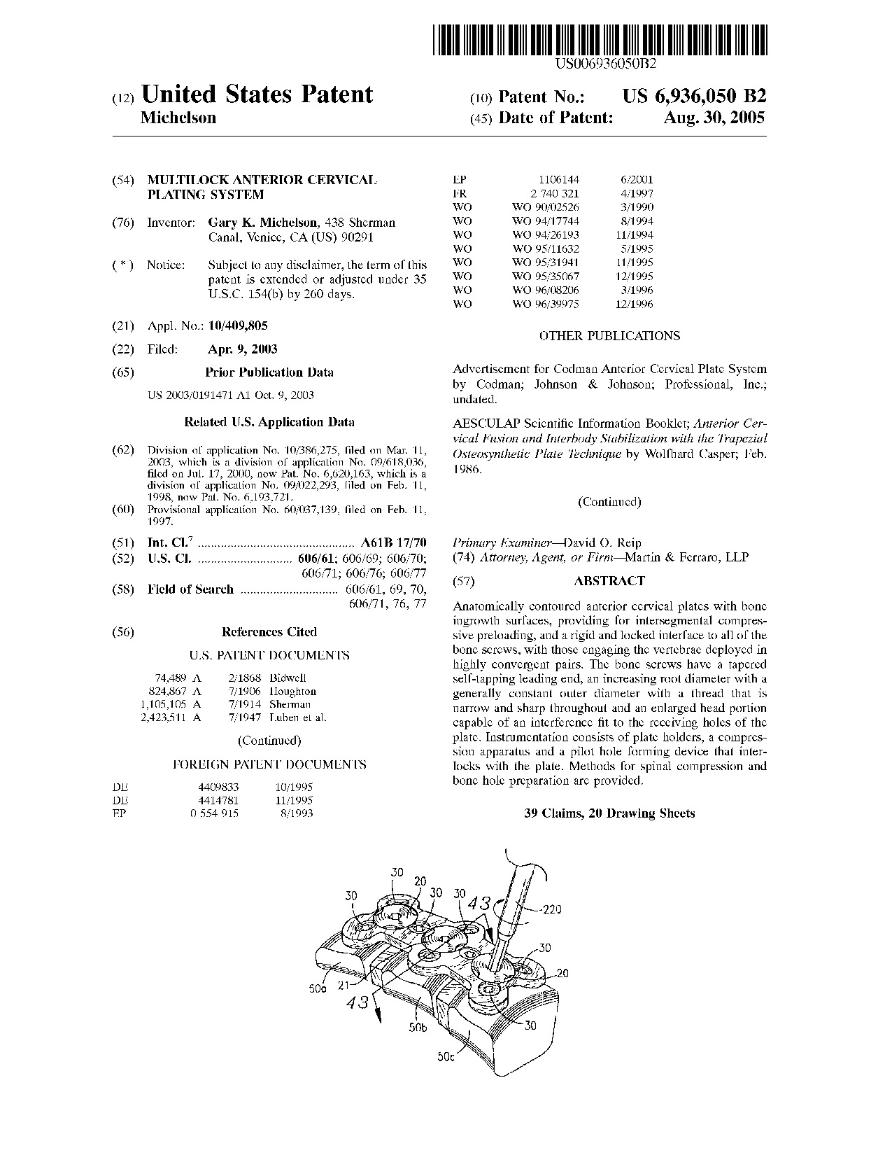 Multilock anterior cervical plating system - Patent 6,936,050