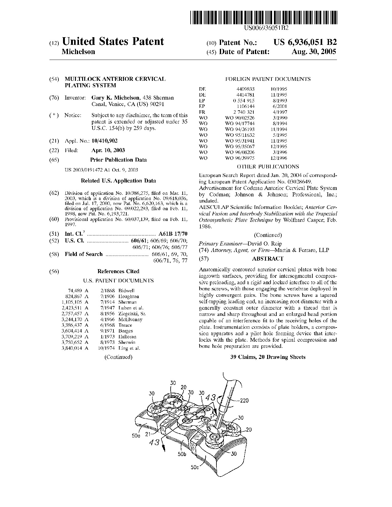 Multilock anterior cervical plating system - Patent 6,936,051