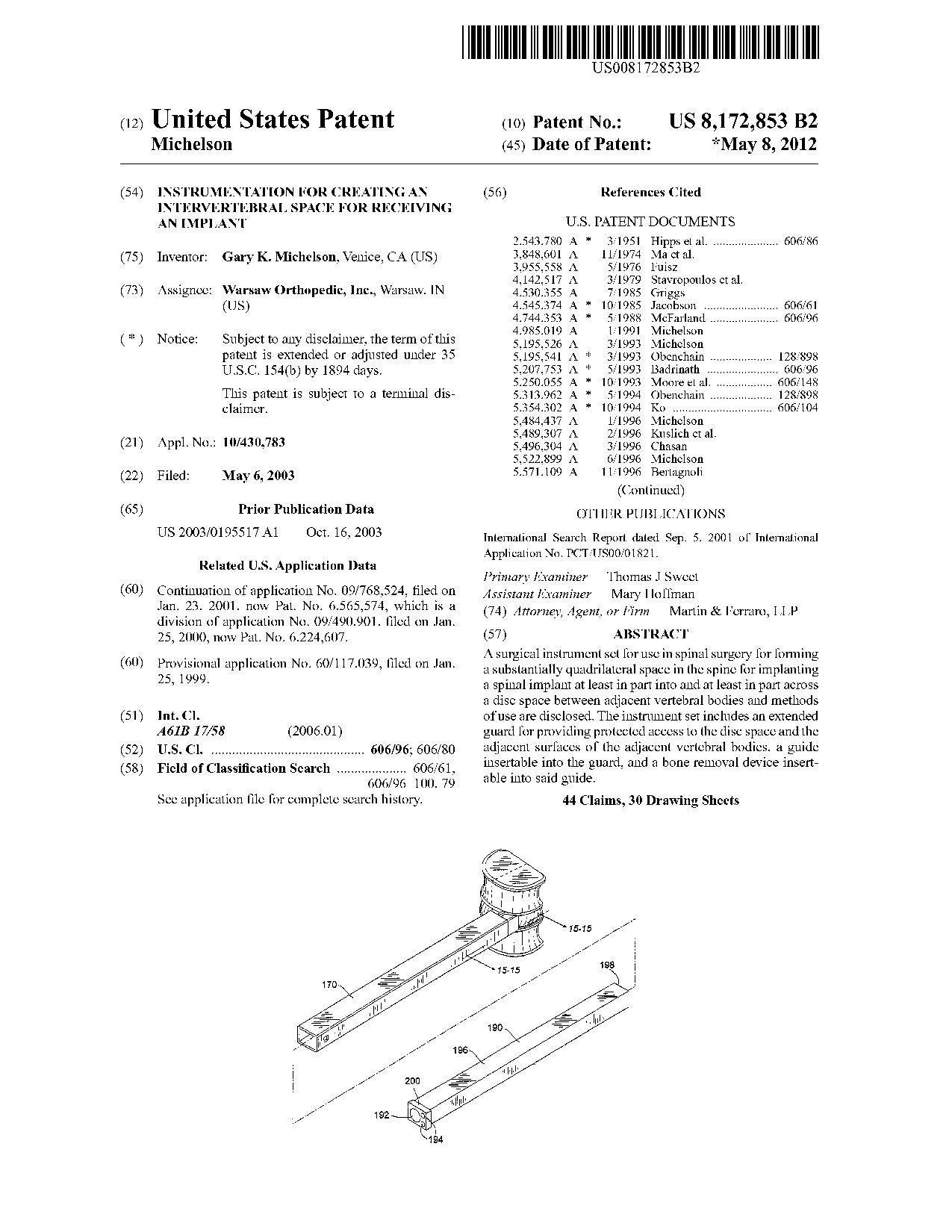 Instrumentation for creating an intervertebral space for receiving an     implant - Patent 8,172,853