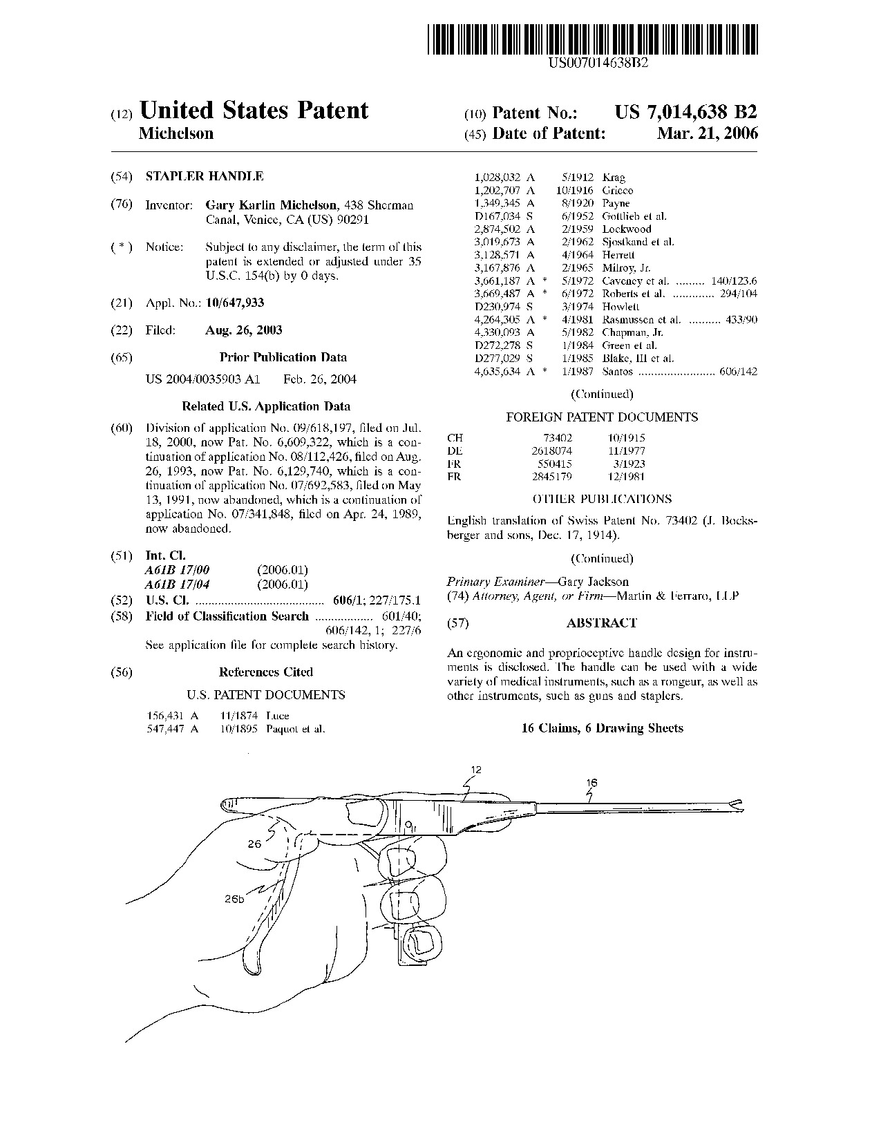 Stapler handle - Patent 7,014,638