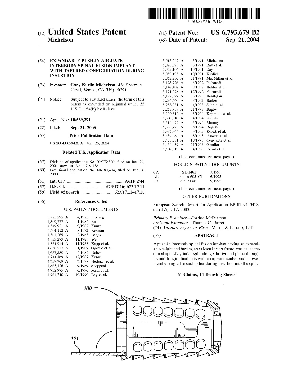 Expandable push-in arcuate interbody spinal fusion implant with tapered     configuration during insertion - Patent 6,793,679