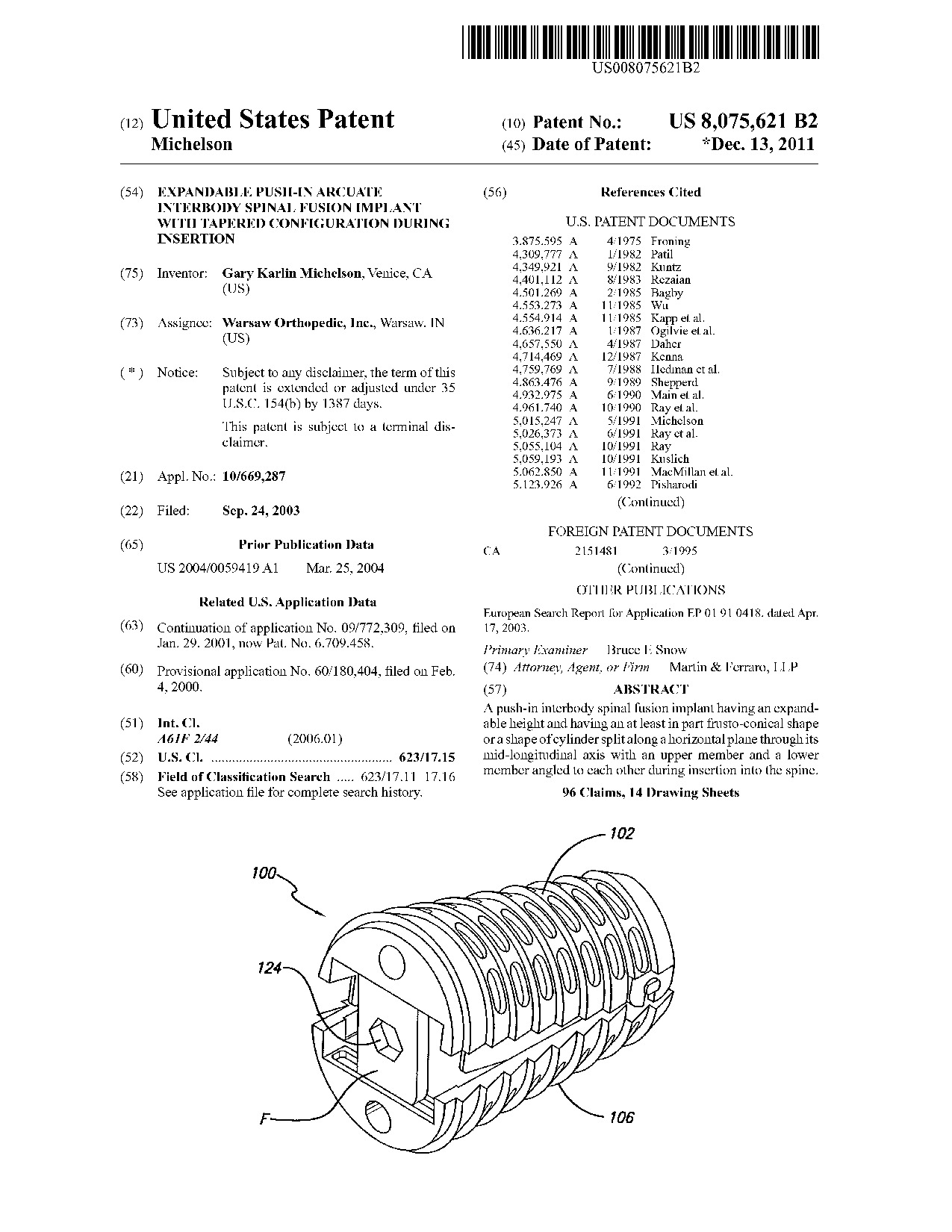 Expandable push-in arcuate interbody spinal fusion implant with tapered     configuration during insertion - Patent 8,075,621