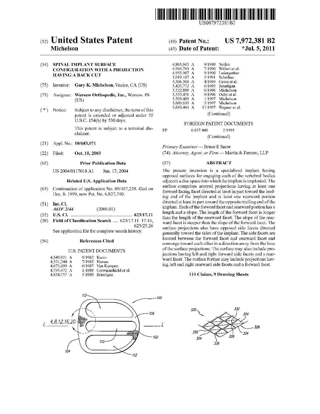 Spinal implant surface configuration with a projection having a back cut - Patent 7,972,381