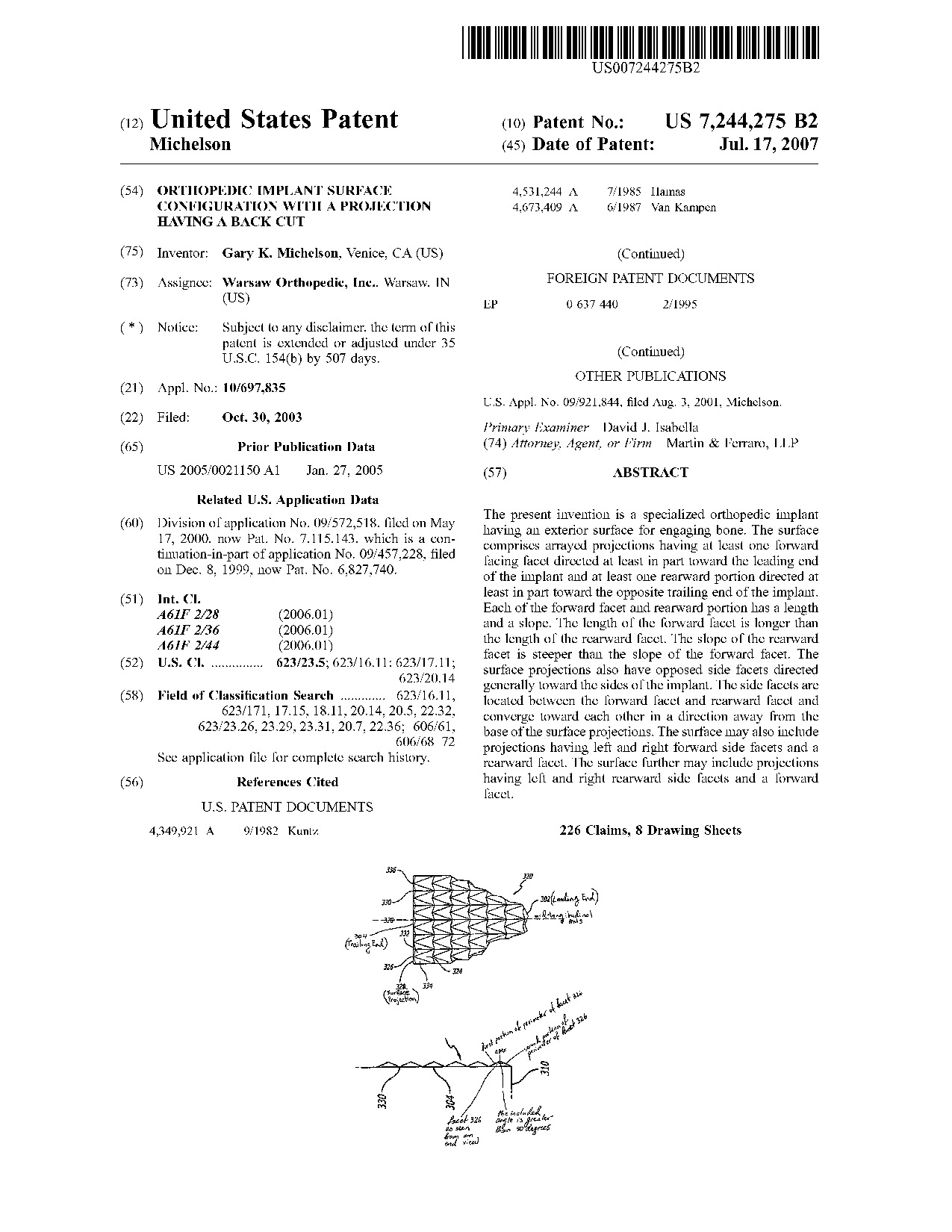 Orthopedic implant surface configuration with a projection having a back     cut - Patent 7,244,275