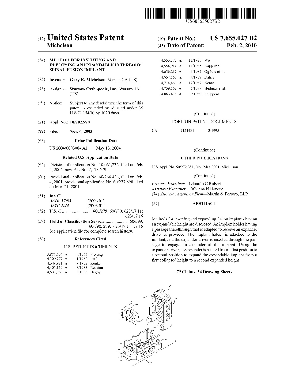 Method for inserting and deploying an expandable interbody spinal fusion     implant - Patent 7,655,027