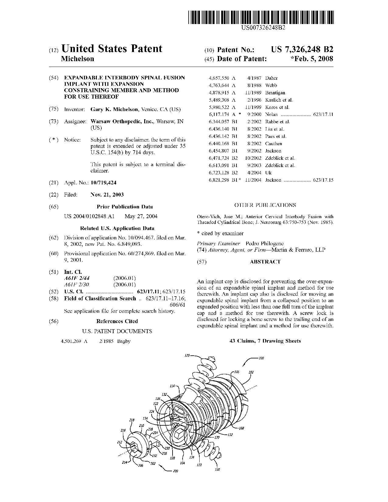 Expandable interbody spinal fusion implant with expansion constraining     member and method for use thereof - Patent 7,326,248