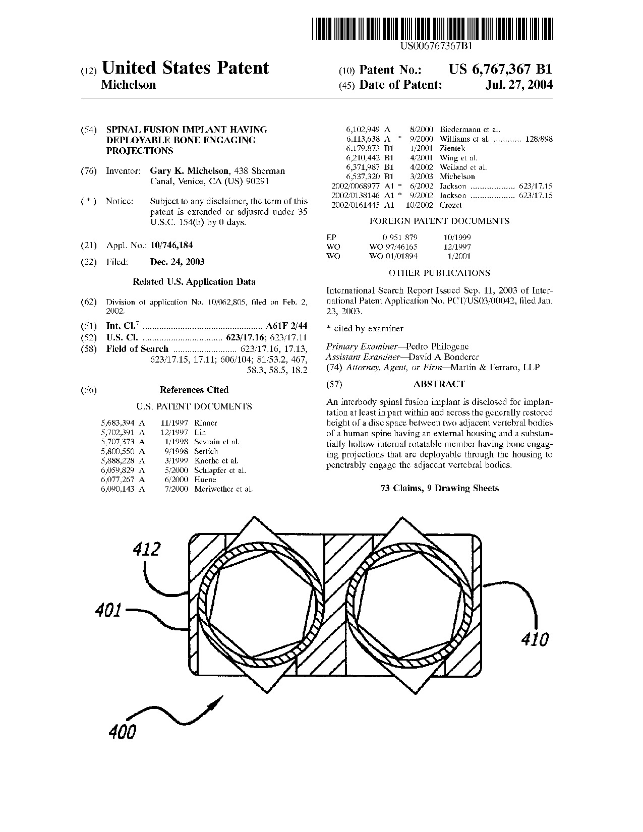 Spinal fusion implant having deployable bone engaging projections - Patent 6,767,367