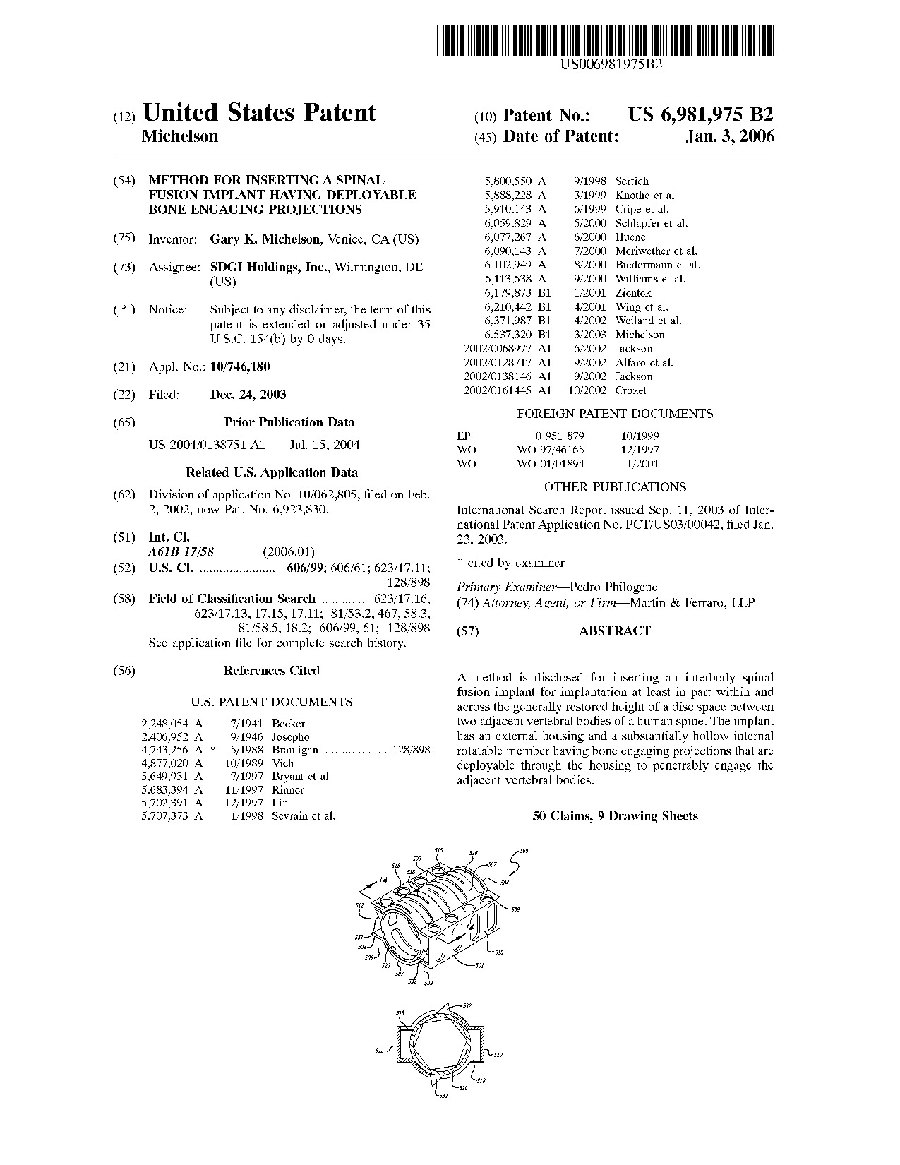 Method for inserting a spinal fusion implant having deployable bone     engaging projections - Patent 6,981,975