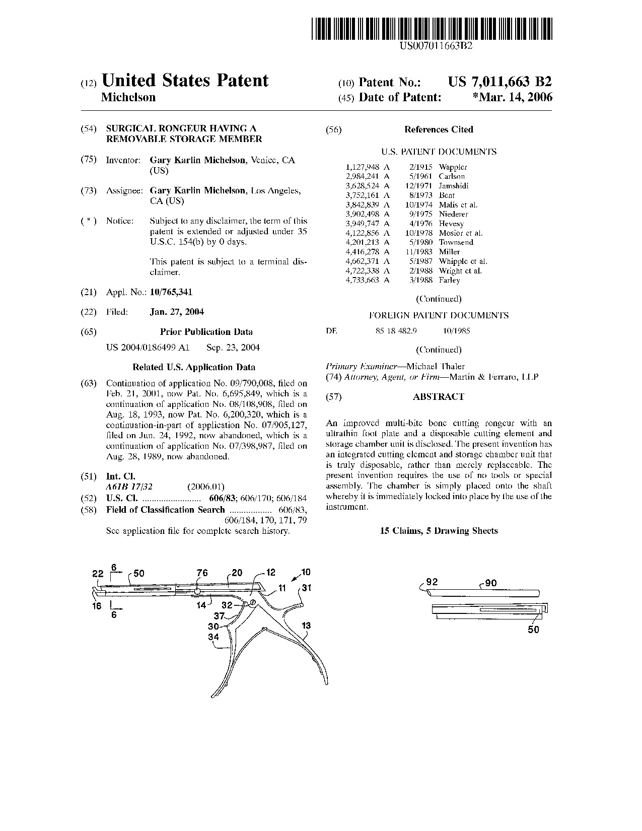 Surgical rongeur having a removable storage member - Patent 7,011,663