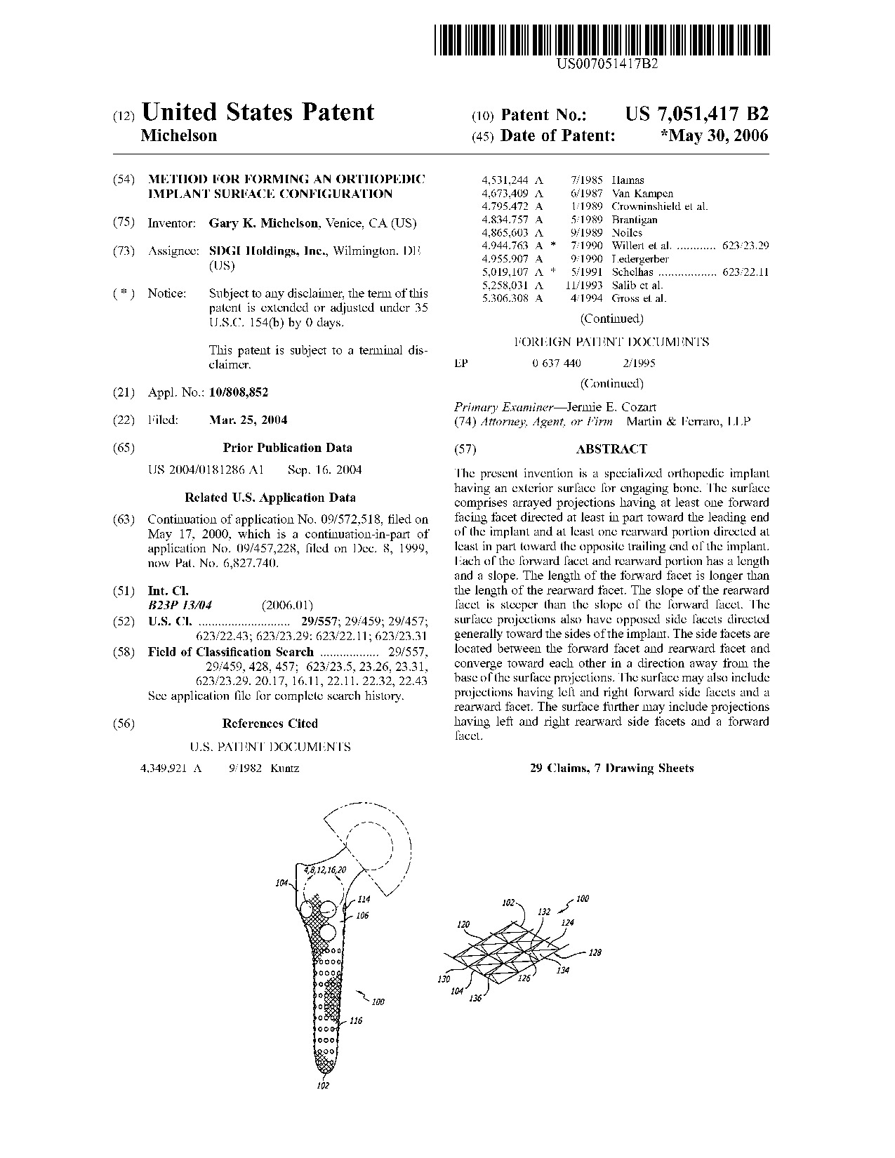 Method for forming an orthopedic implant surface configuration - Patent 7,051,417