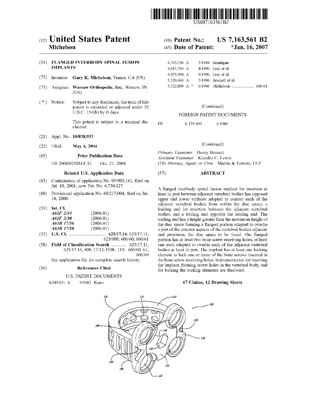 Flanged interbody spinal fusion implants - Patent 7,163,561