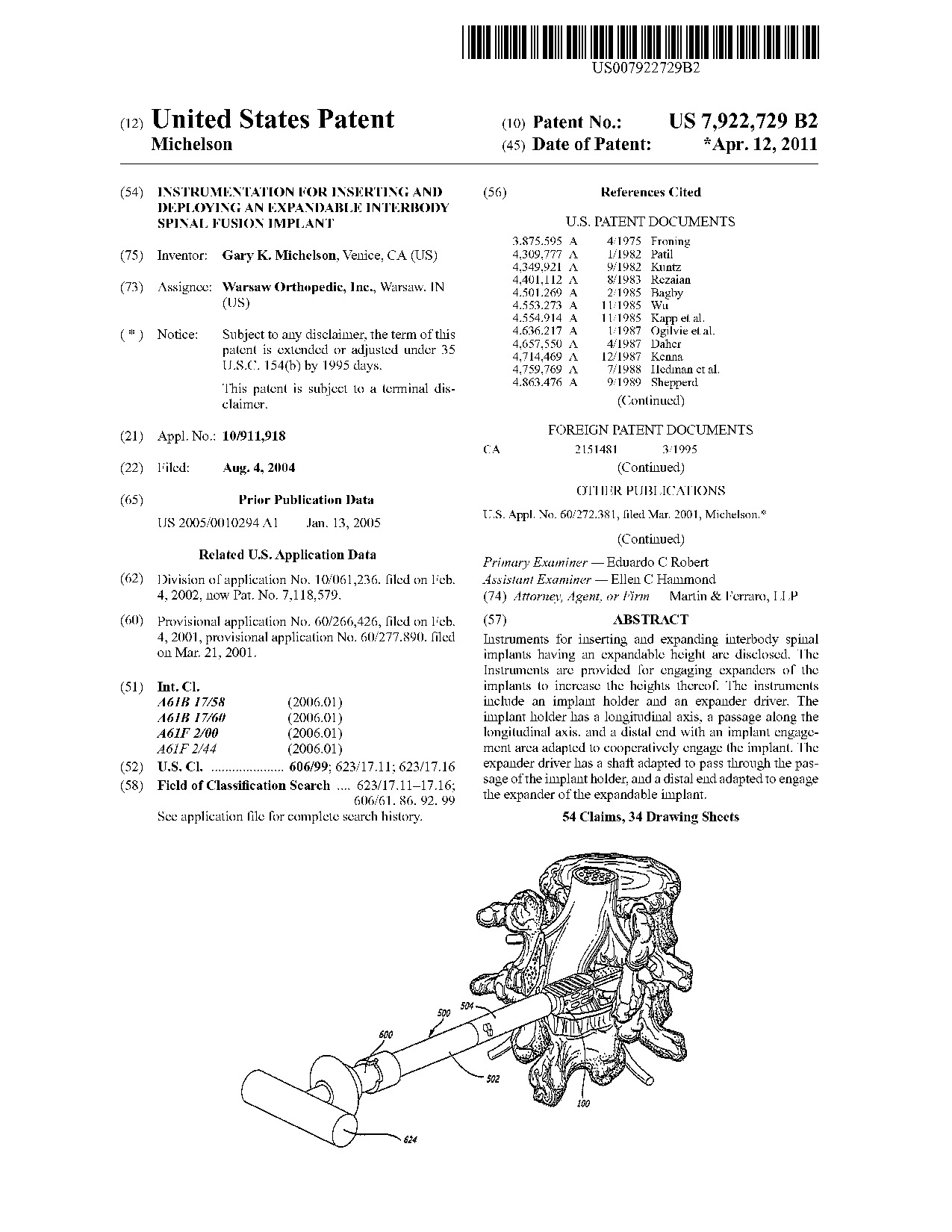 Instrumentation for inserting and deploying an expandable interbody spinal     fusion implant - Patent 7,922,729